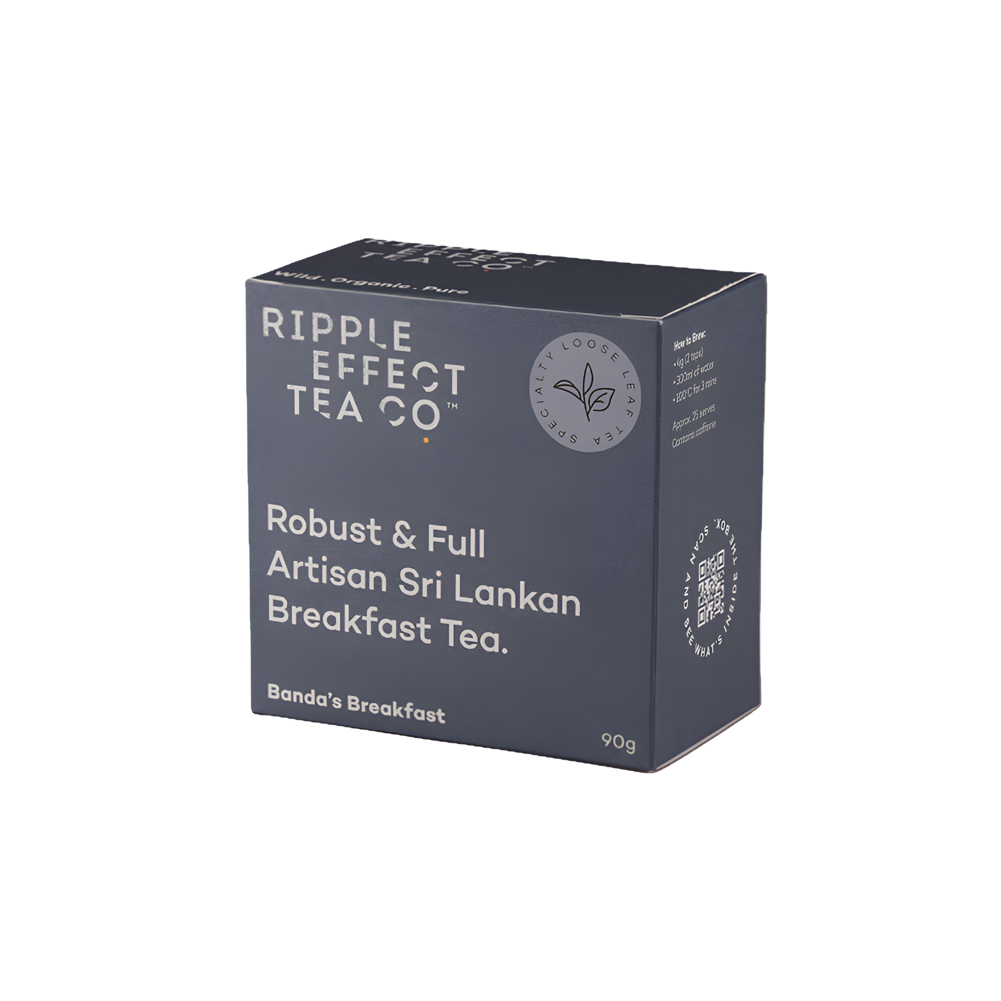 Box of the Ripple Effect Tea Co Loose Leaf Tea 90g Bandas Breakfast, which is strong and flavoursome, made from robust Assamica variety, crafted by farmers in Sri Lanka for those who value depth, balance and nuance.