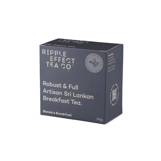 Box of the Ripple Effect Tea Co Loose Leaf Tea 90g Bandas Breakfast, which is strong and flavoursome, made from robust Assamica variety, crafted by farmers in Sri Lanka for those who value depth, balance and nuance.