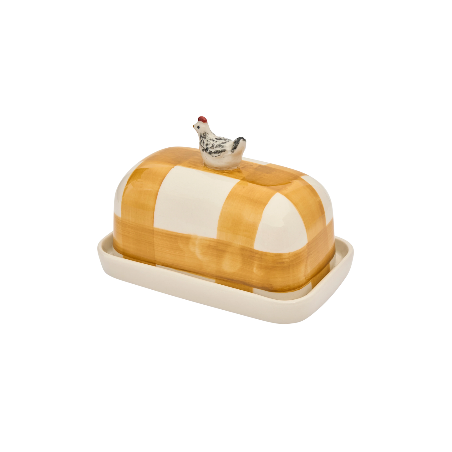 Top left facing Robert Gordon Butter Dish Chook made from high fired porcelain with orange brushwork lines and a hand-painted chicken perched on top.