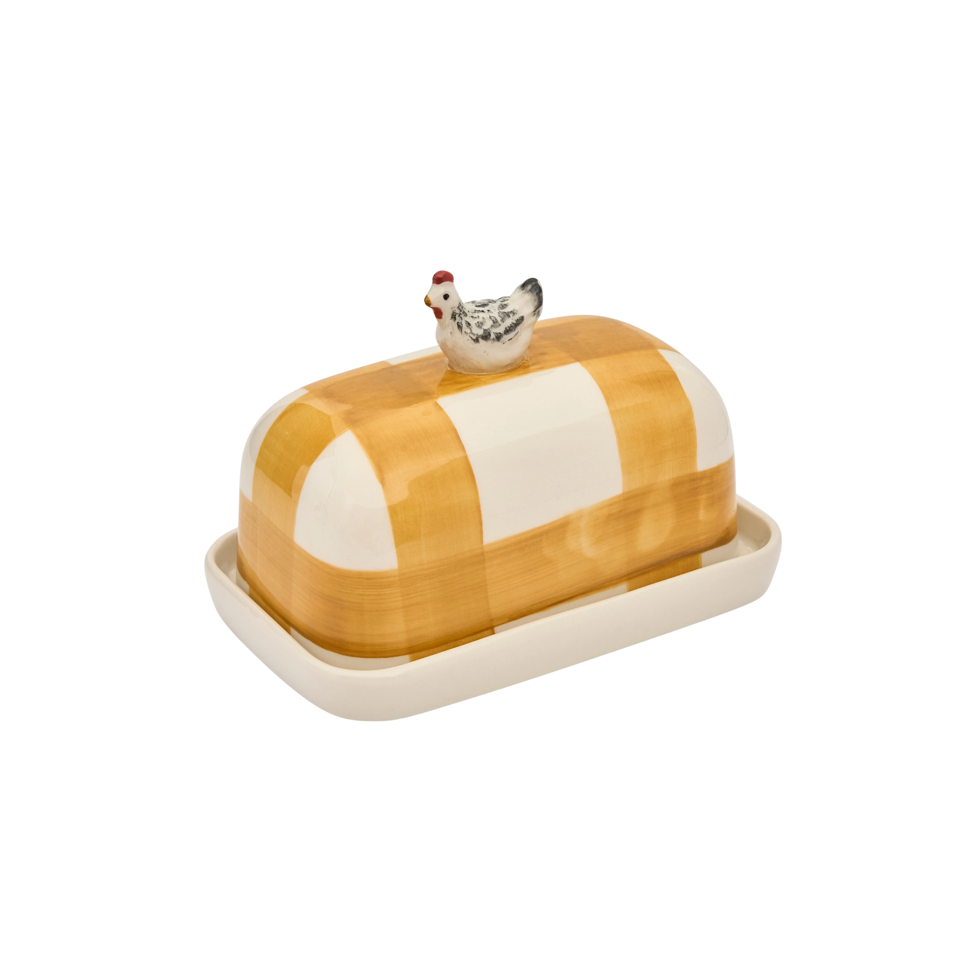 Down left facing Robert Gordon Butter Dish Chook made from high fired porcelain with orange brushwork lines and a hand-painted chicken perched on top.