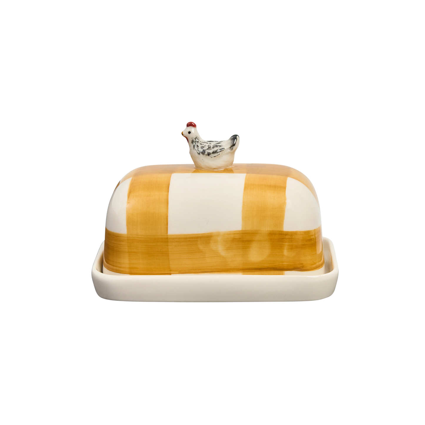 Side view of the Robert Gordon Butter Dish Chook made from high fired porcelain with orange brushwork lines and a hand-painted chicken perched on top.