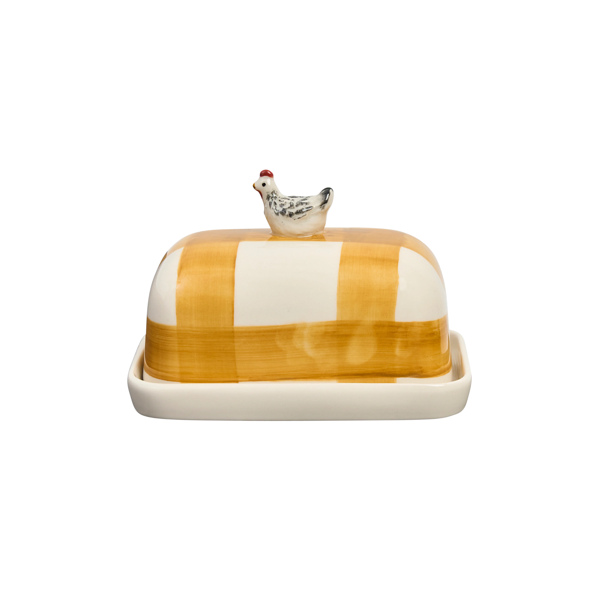 Side view of the Robert Gordon Butter Dish Chook made from high fired porcelain with orange brushwork lines and a hand-painted chicken perched on top.