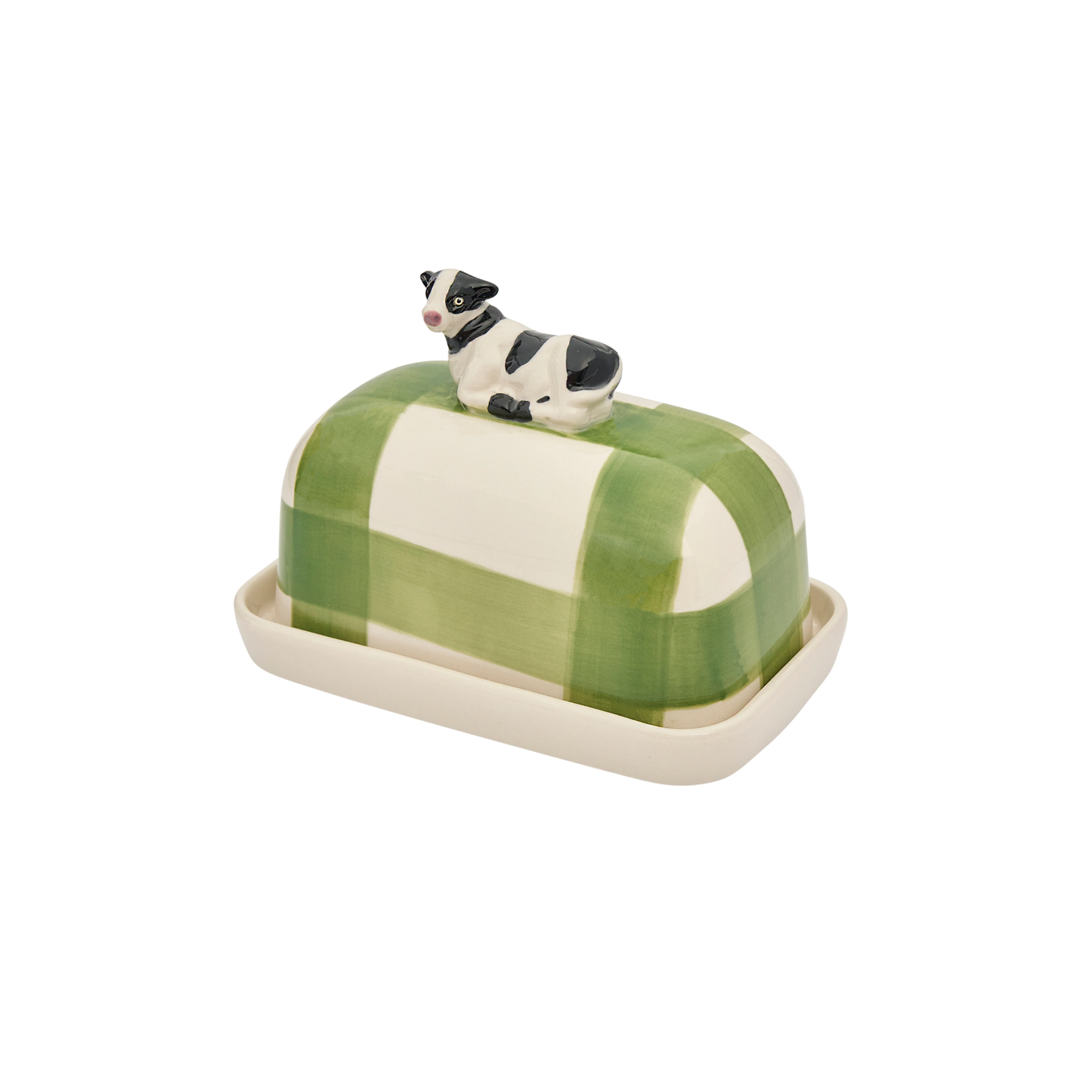 Top left facing Robert Gordon Butter Dish Cow made from high fired porcelain with green brushwork lines and a hand-painted cow perched on top.