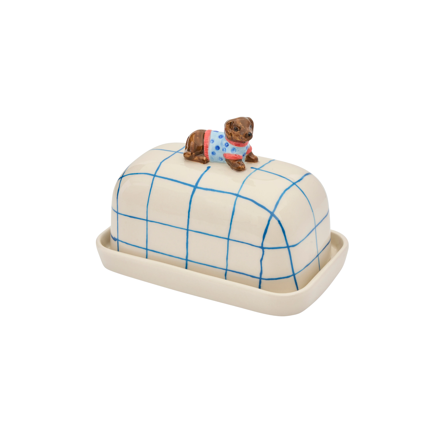 Top left facing Robert Gordon Butter Dish Dachshund made from high fired porcelain with blue brushwork lines and a hand-painted dog perched on top.
