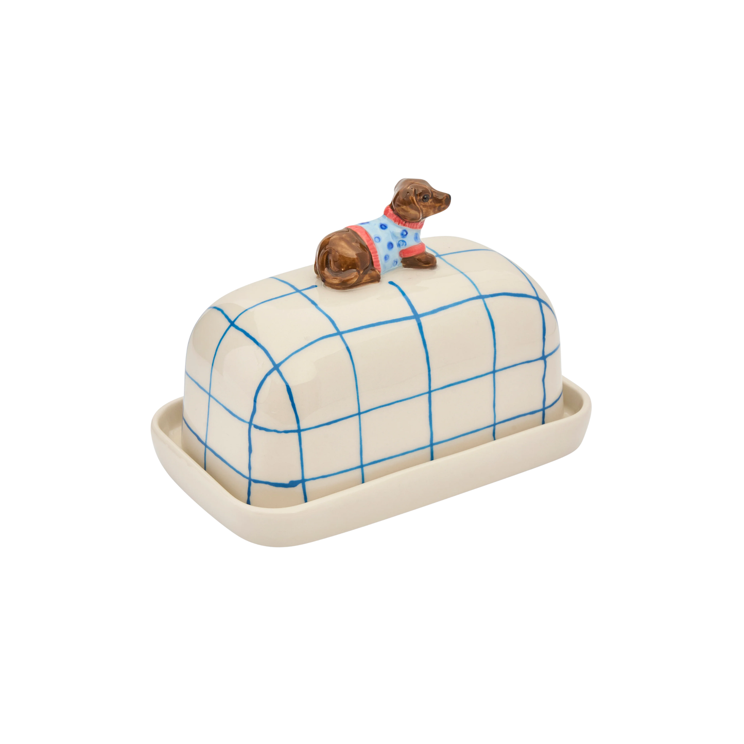Down left facing Robert Gordon Butter Dish Dachshund made from high fired porcelain with blue brushwork lines and a hand-painted dog perched on top.