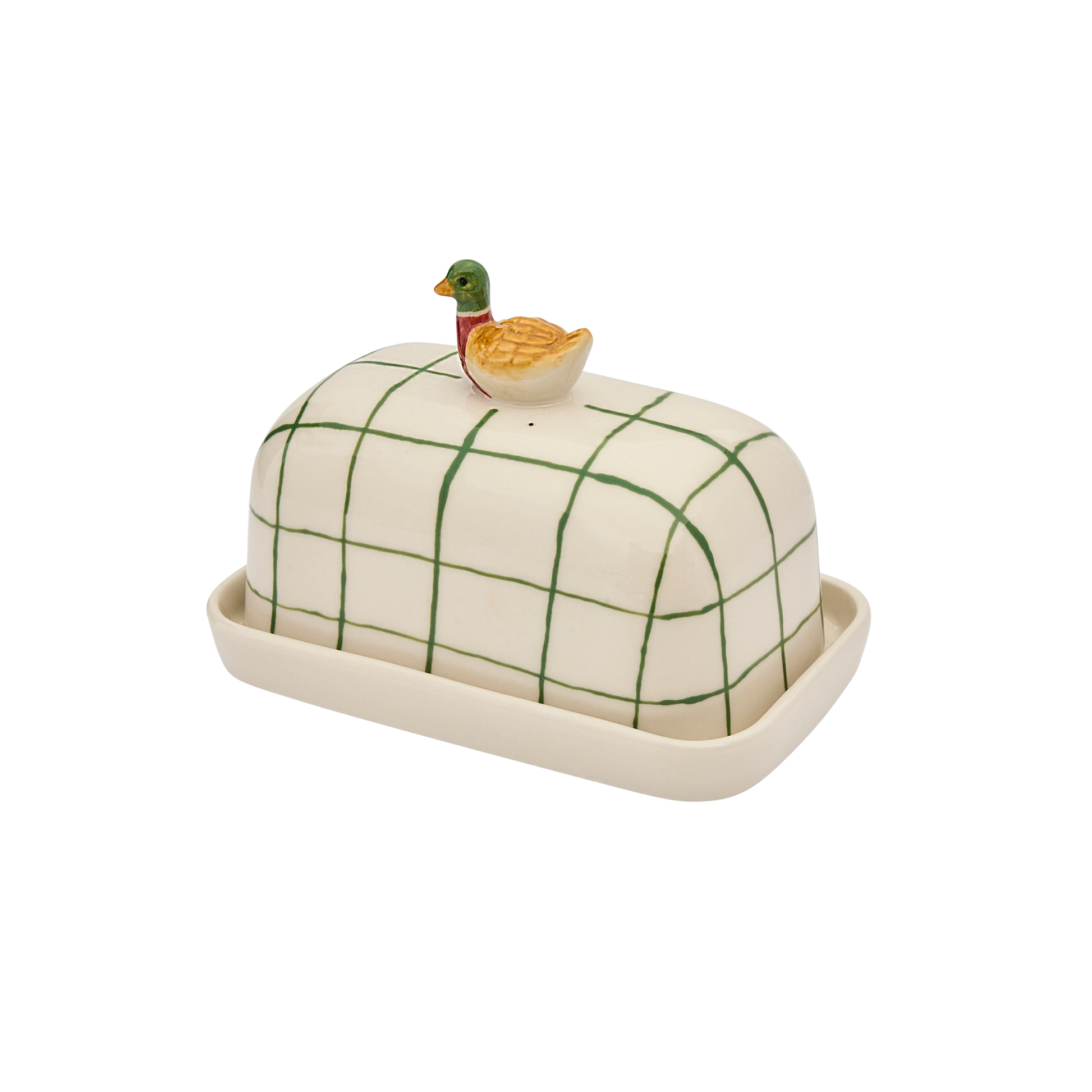 Top left facing Robert Gordon Butter Dish Duck made from high fired porcelain with green brushwork lines and a hand-painted duck perched on top.