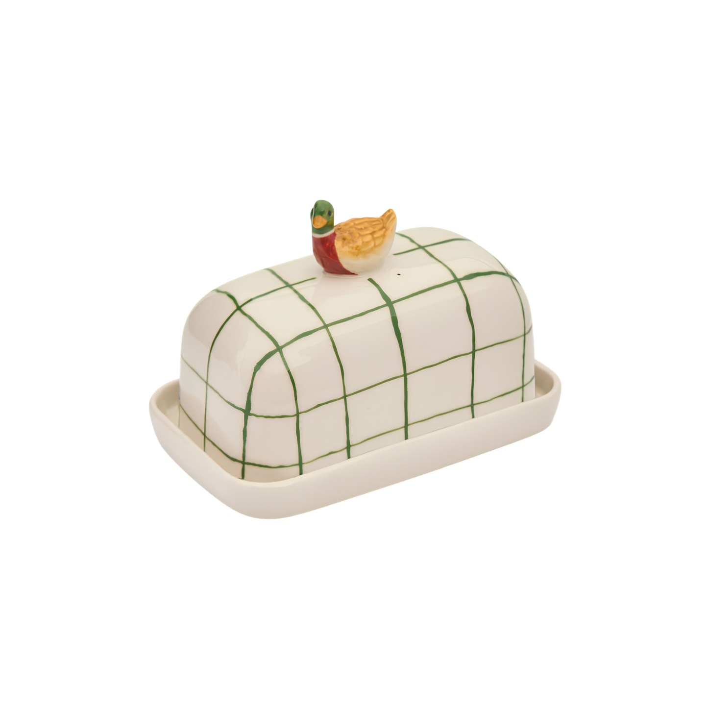 Down left facing Robert Gordon Butter Dish Duck made from high fired porcelain with green brushwork lines and a hand-painted duck perched on top.