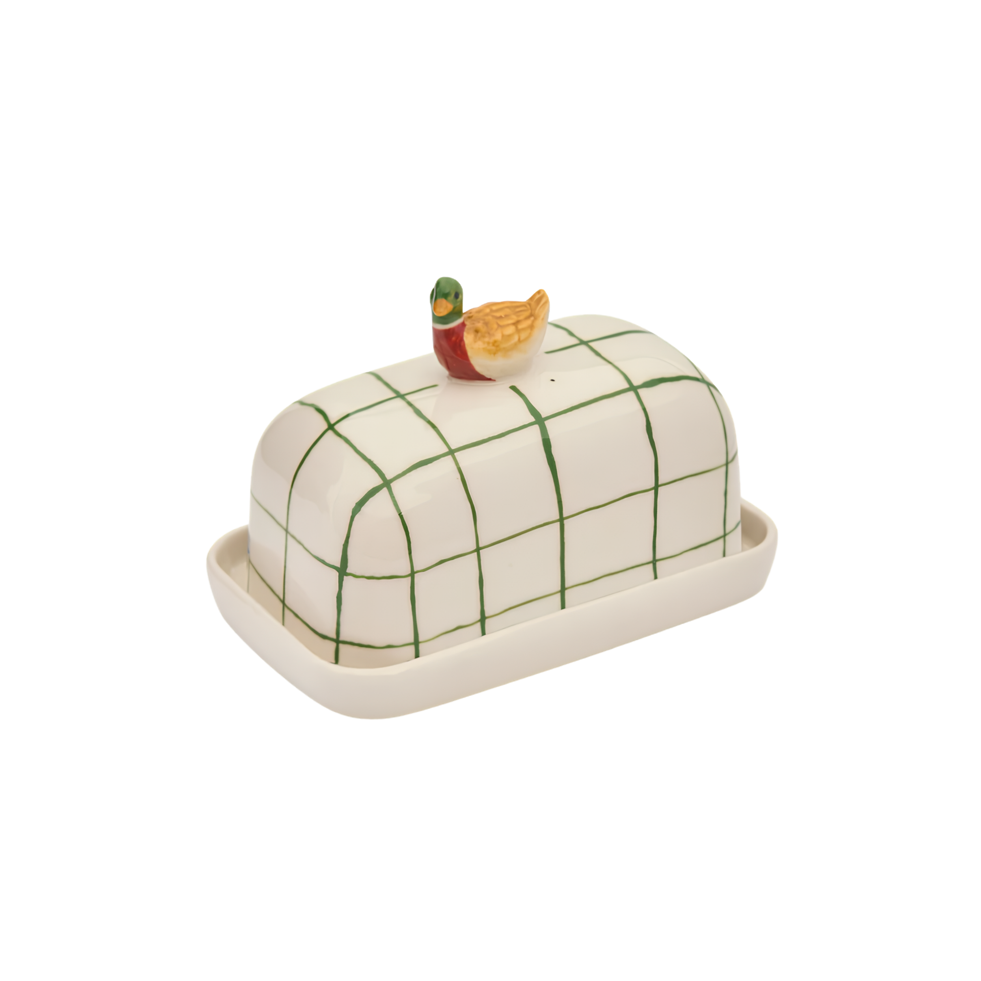 Down left facing Robert Gordon Butter Dish Duck made from high fired porcelain with green brushwork lines and a hand-painted duck perched on top.