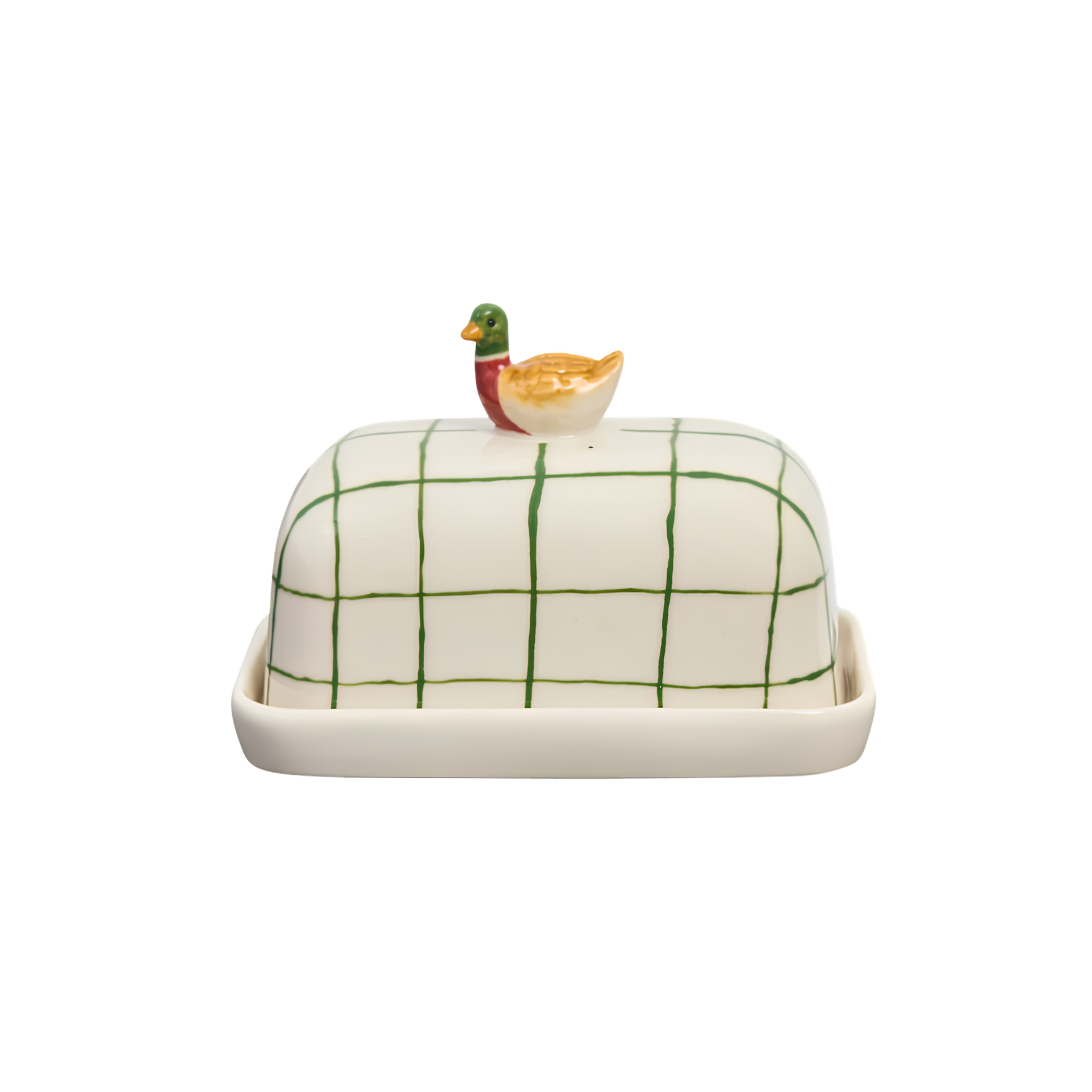 Side view of the Robert Gordon Butter Dish Duck made from high fired porcelain with green brushwork lines and a hand-painted duck perched on top.
