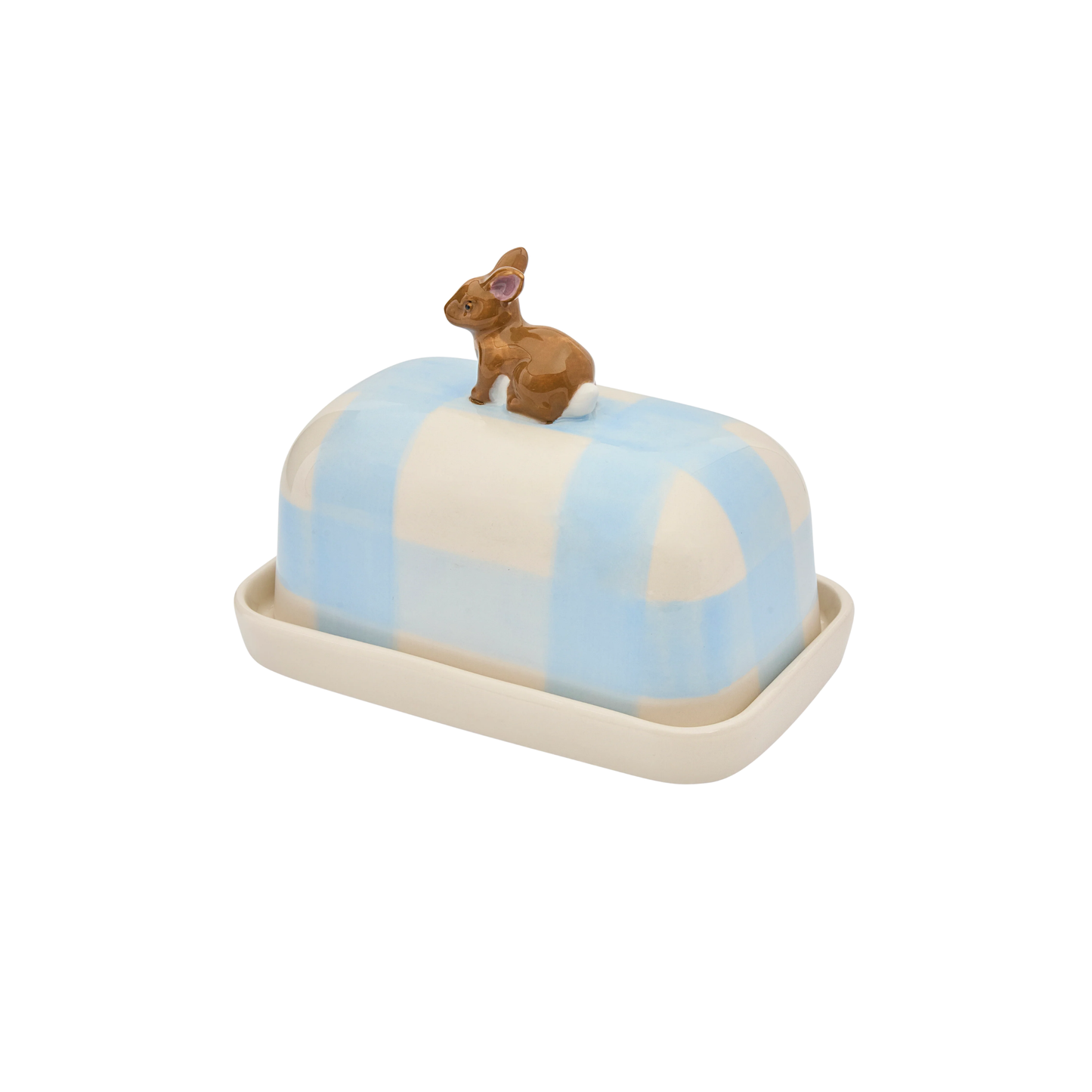 Top left facing Robert Gordon Butter Dish Rabbit made from high fired porcelain with blue brushwork lines and a hand-painted rabbit perched on top.
