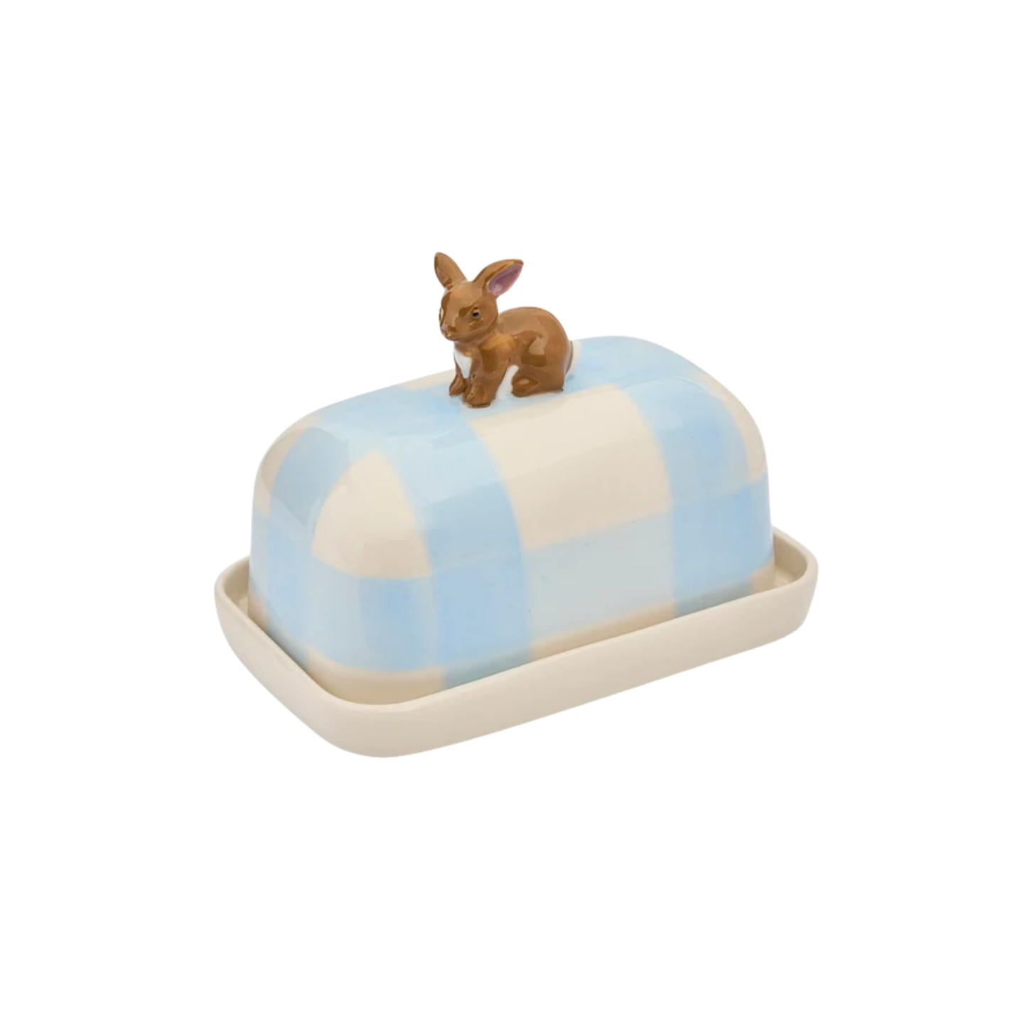 Down left facing Robert Gordon Butter Dish Rabbit made from high fired porcelain with blue brushwork lines and a hand-painted rabbit perched on top.