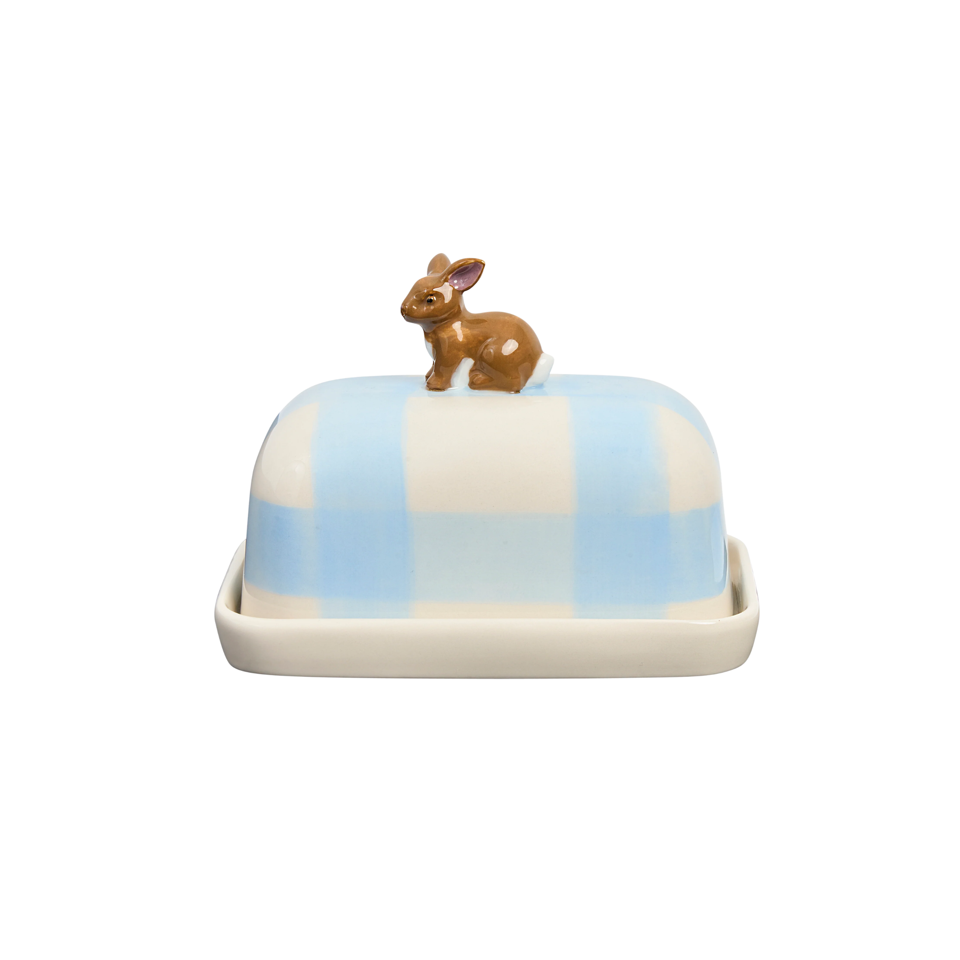 Side view of the Robert Gordon Butter Dish Rabbit made from high fired porcelain with blue brushwork lines and a hand-painted rabbit perched on top.