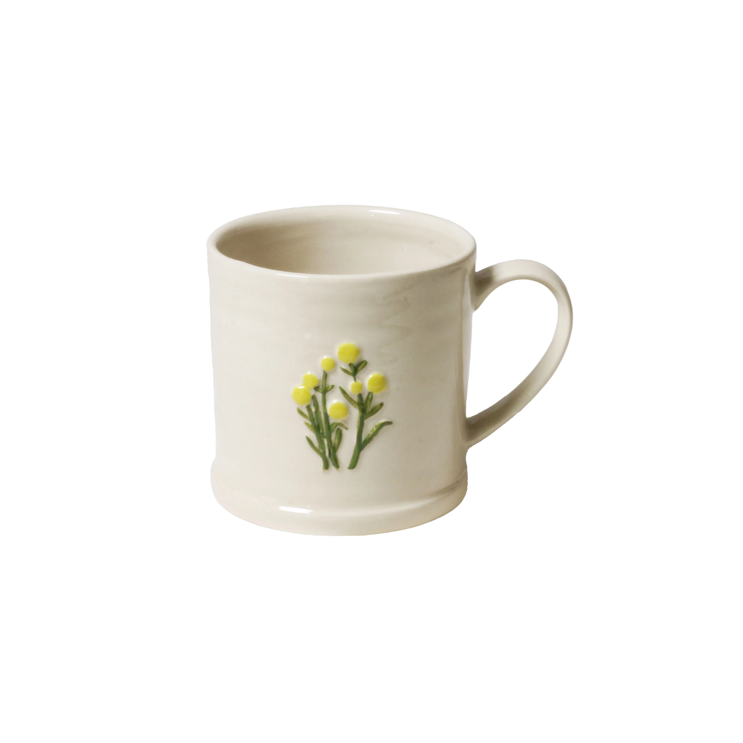 Side view of the Robert Gordon Favourite Things Mug Large featuring quirky hand painted Billy Button design.