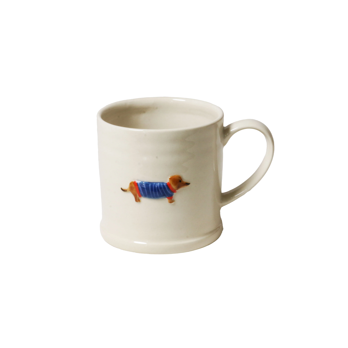 Side view of the Robert Gordon Favourite Things Mug Large with a quirky hand painted character design Dachshund.