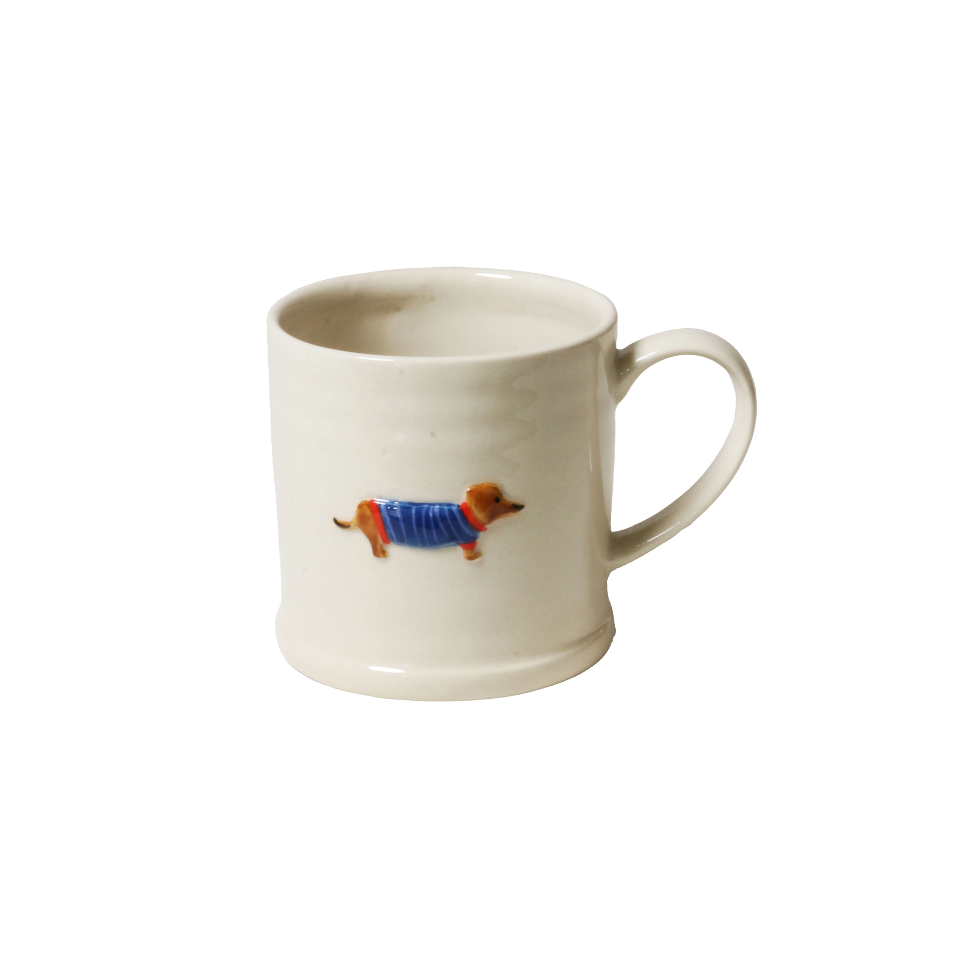 Side view of the Robert Gordon Favourite Things Mug Large with a quirky hand painted character design Dachshund.