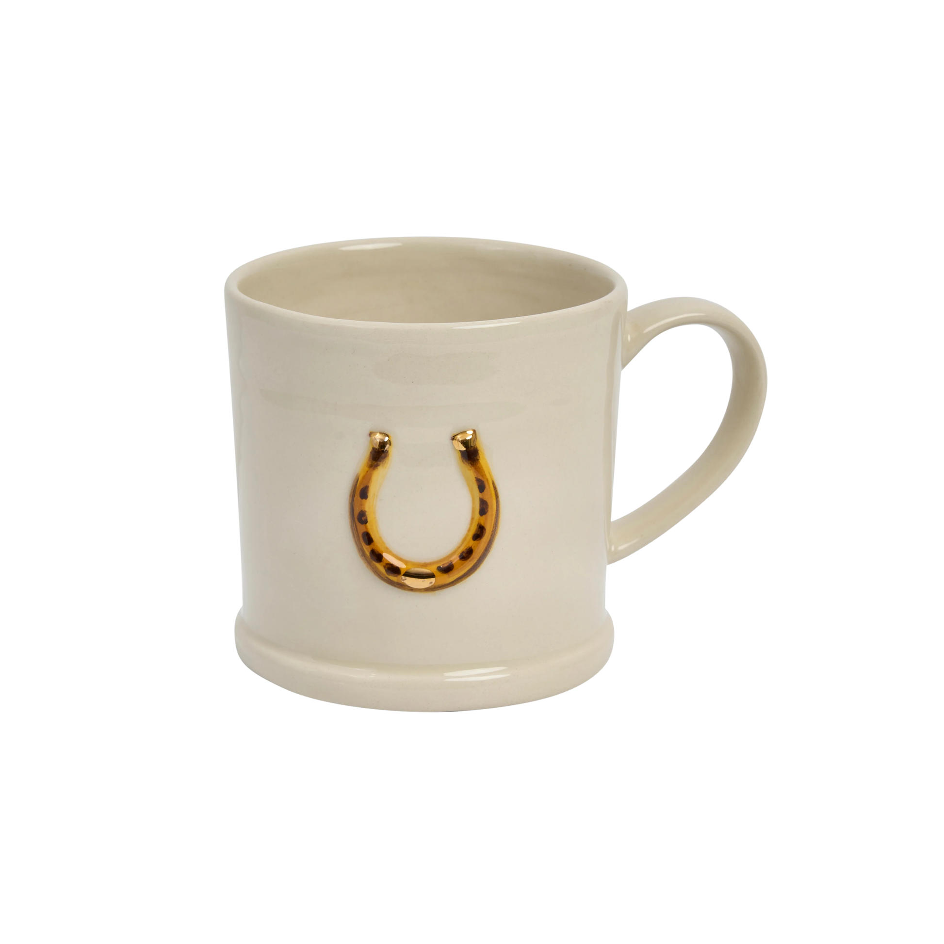 Front view of the Robert Gordon Favourite Things Mug Large made from stoneware with Horse Shoe motif painted by hand with 310ml capacity.