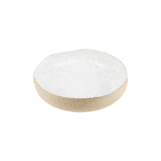 Semi top view of the Robert Gordon Garden To Table Bowl 21cm Beige and white Earthly clay body with light organic glaze, hand crafted made from stoneware, microwave and dishwasher safe, designed in Australia, made in China.
