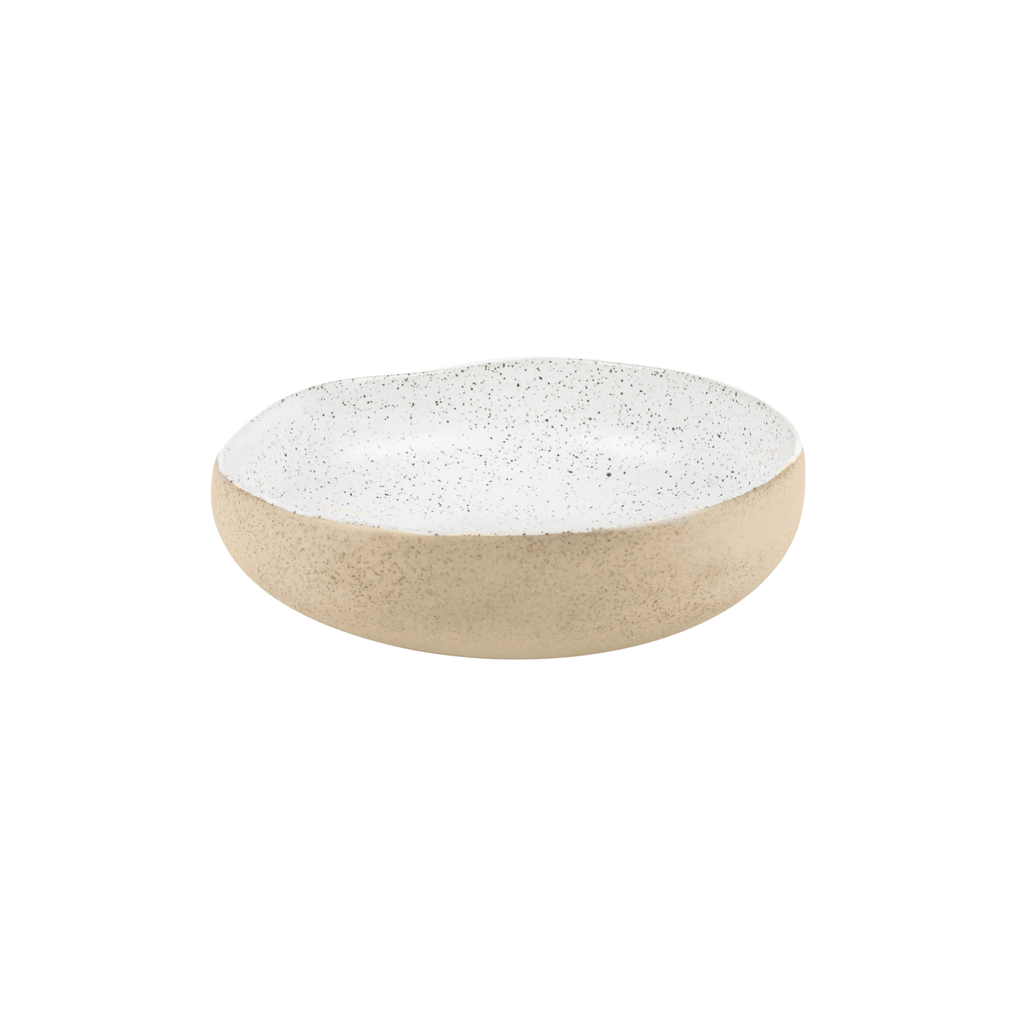 Another slight top view of the Robert Gordon Garden To Table Bowl 21cm Beige and white Earthly clay body with light organic glaze and dark speckles, hand crafted made from stoneware, microwave and dishwasher safe, designed in Australia, made in China.
