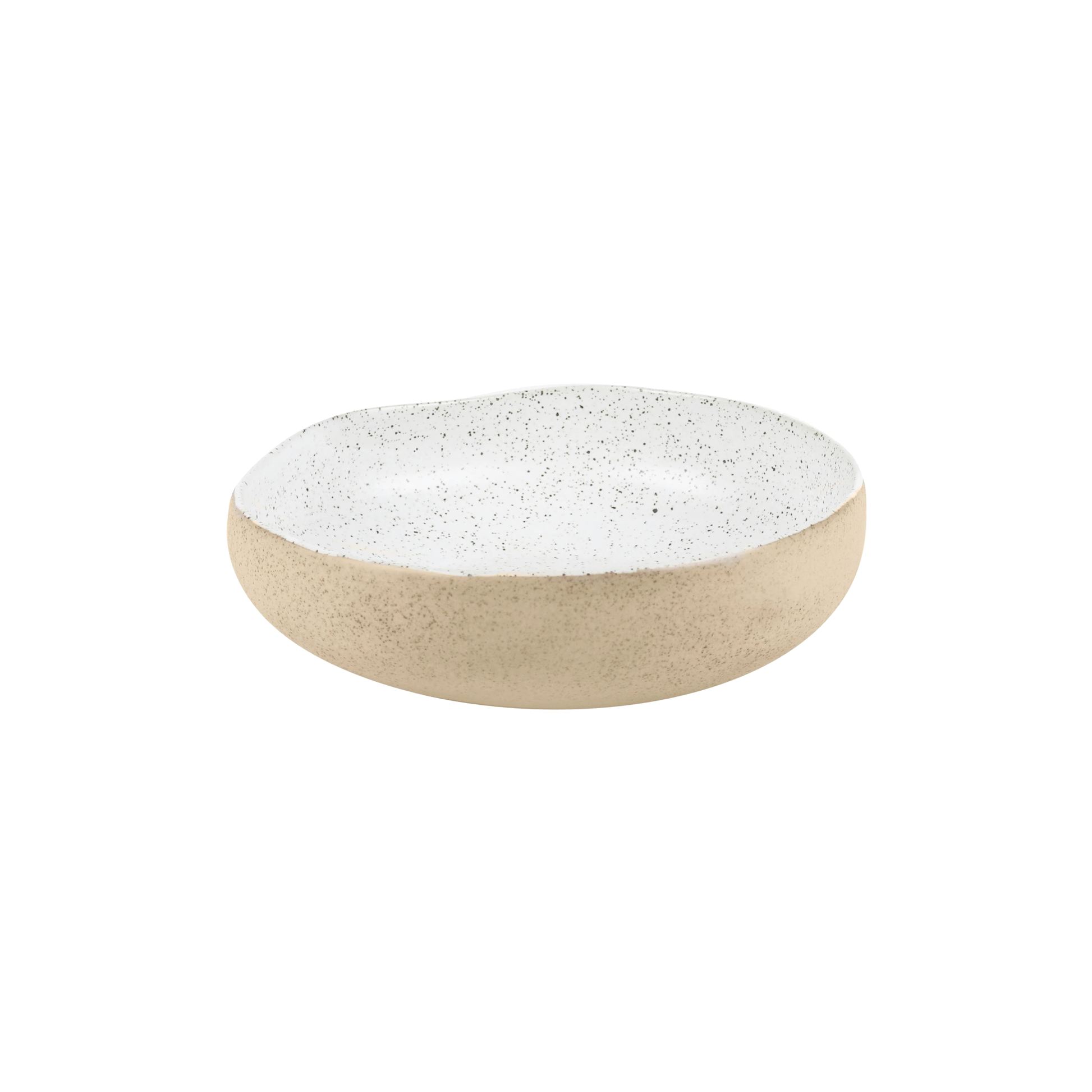 Another slight top view of the Robert Gordon Garden To Table Bowl 21cm Beige and white Earthly clay body with light organic glaze and dark speckles, hand crafted made from stoneware, microwave and dishwasher safe, designed in Australia, made in China.