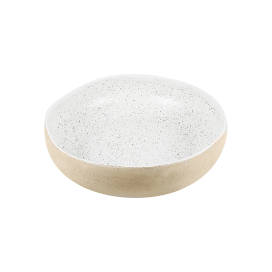Semi top view of the Robert Gordon Garden To Table Bowl 26.5cm Beige and white Earthly clay body with light organic glaze, hand crafted made from stoneware, microwave and dishwasher safe, designed in Australia, made in China.