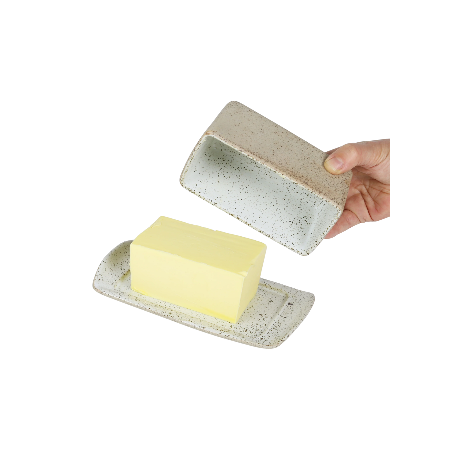 Robert Gordon garden to table butter dish sngled side view with lid open and butter in dish