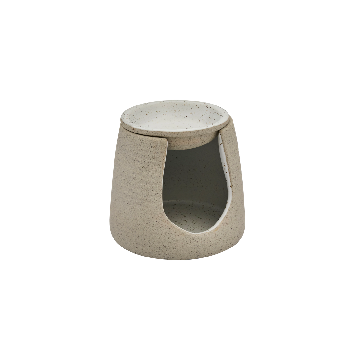 Semi side view of the empty Robert Gordon Garden To Table Oil Burner that is made from durable stoneware.