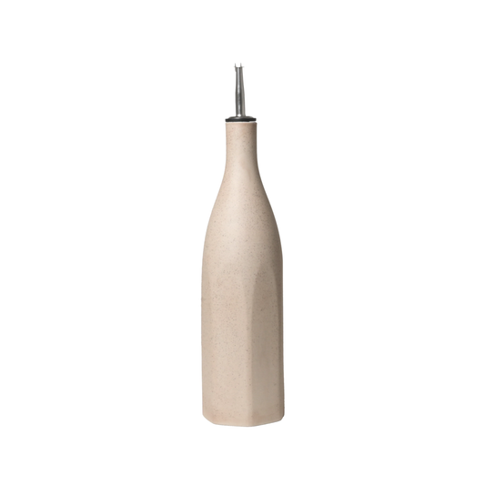 Side view of the Robert Gordon Garden To Table Olive Oil Bottle 750ml Off-white Earthly clay body with speckles, light organic glaze, hand crafted made from stoneware, microwave and dishwasher safe, designed in Australia, made in China.