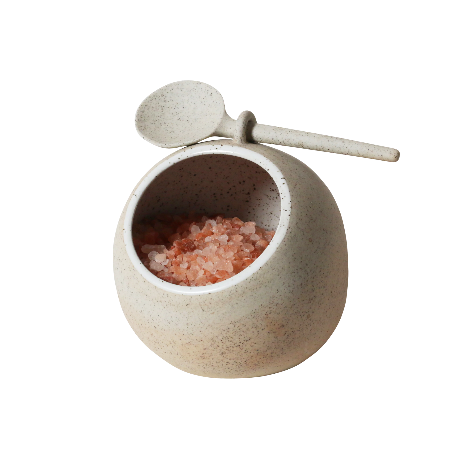 Robert Gordon salt pig with pink salt inside angled front view
