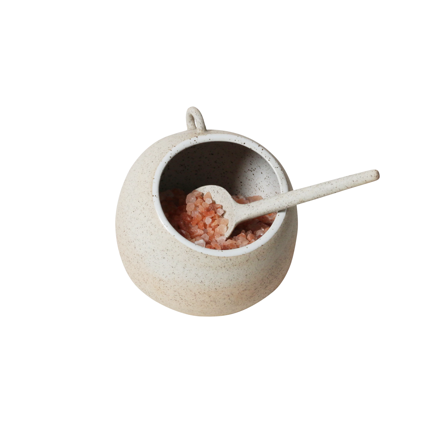 Robert Gordon salt pig with pink salt inside angled front view with spoon in bowl
