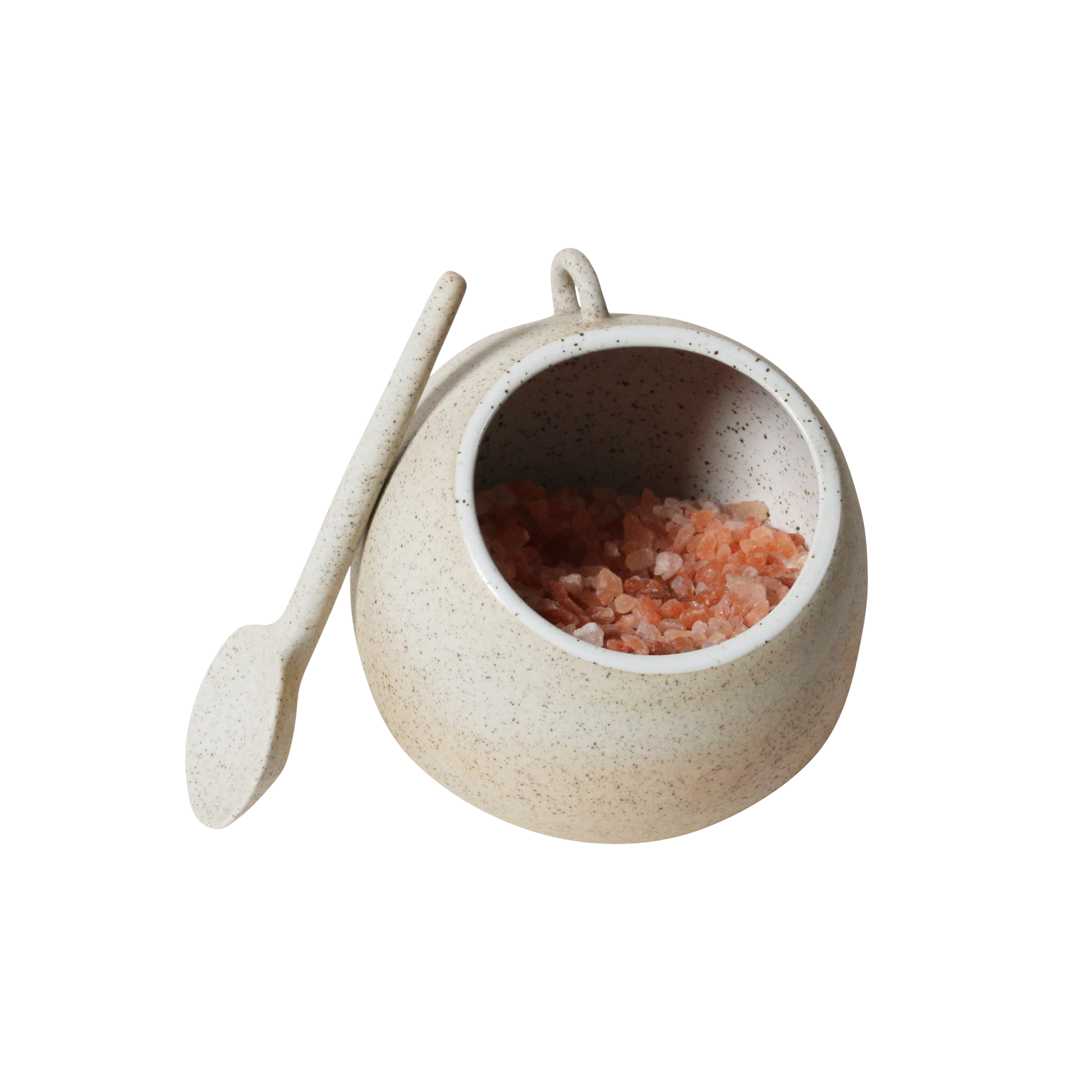 Robert Gordon salt pig with pink salt inside angled front view with spoon beside bowl
