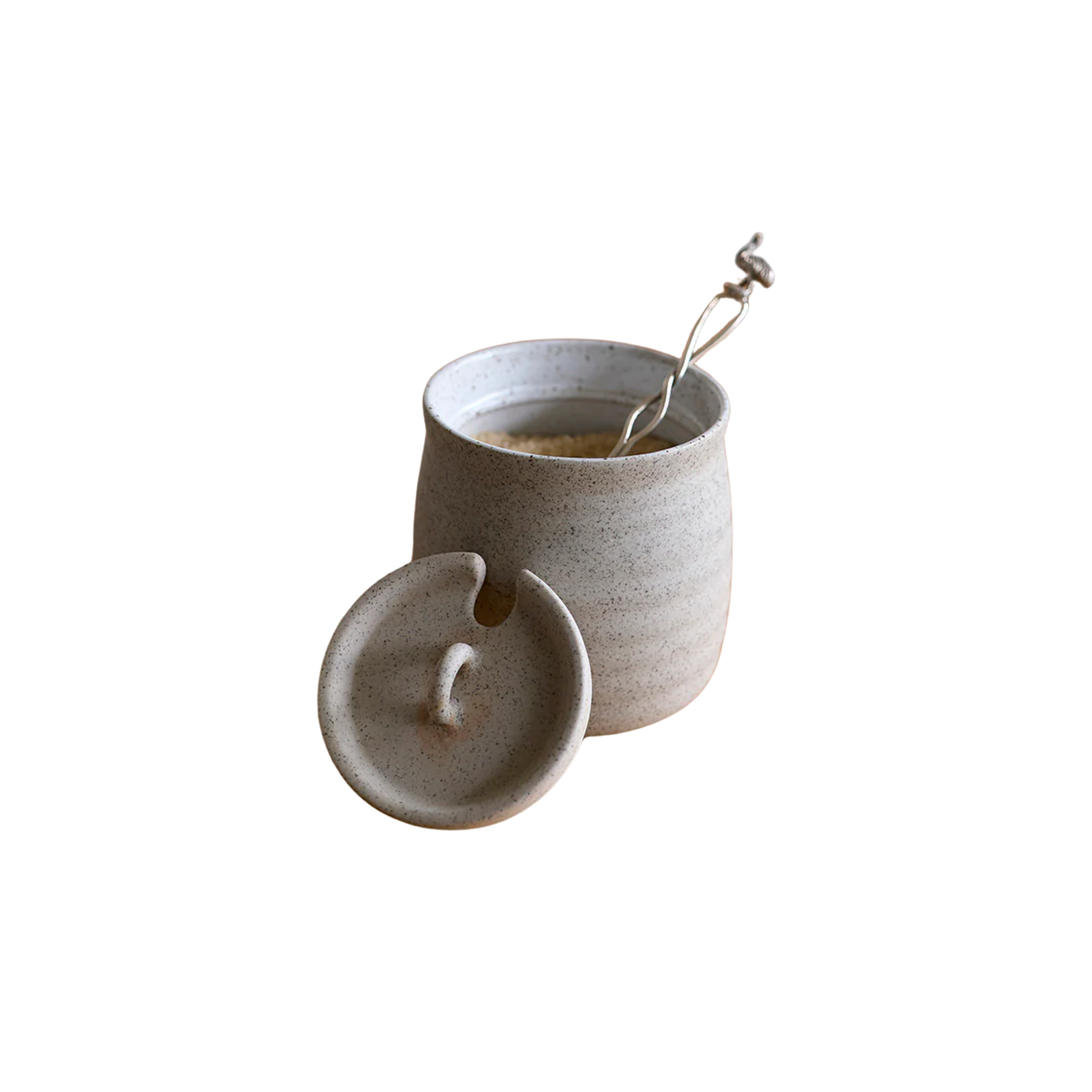 Robert Gordon sugar bowl with lid resting on side with spoon in bowl
