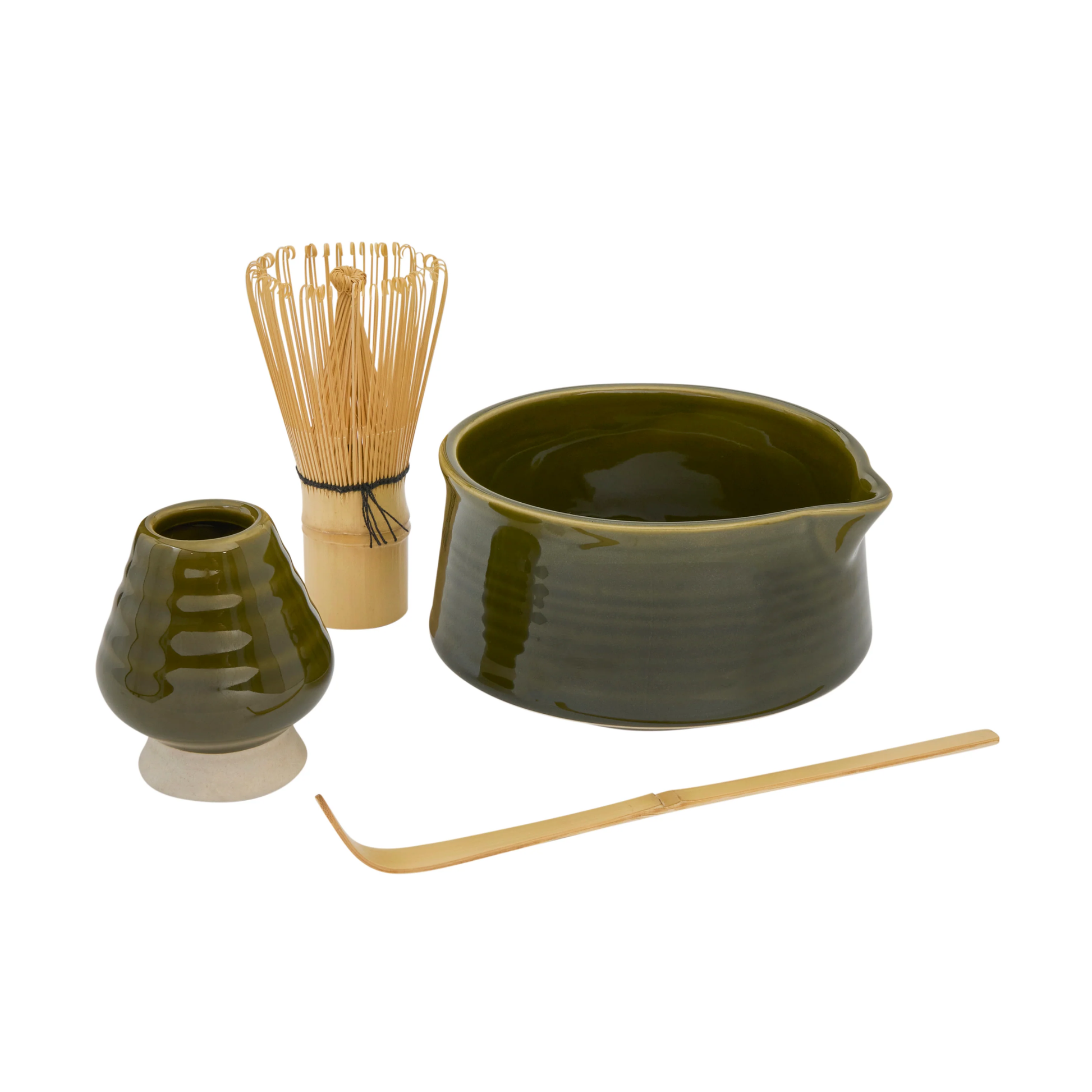 Showing the Robert Gordon Matcha 4 Piece Set Matcha for traditional ceremonial matcha which are the ceramic bowl, whisk holder and bamboo whisk and scoop.