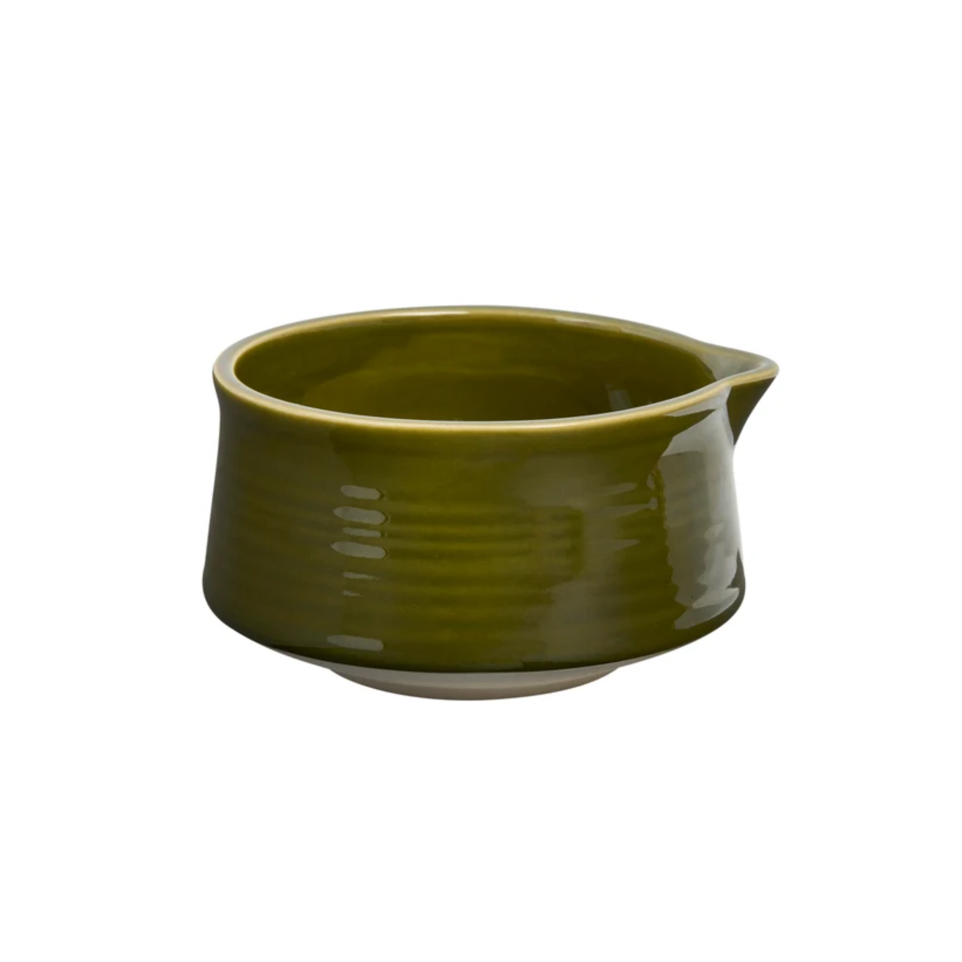 Semi side view of the ceramic bowl from the Robert Gordon Matcha 4 Piece Set Matcha.