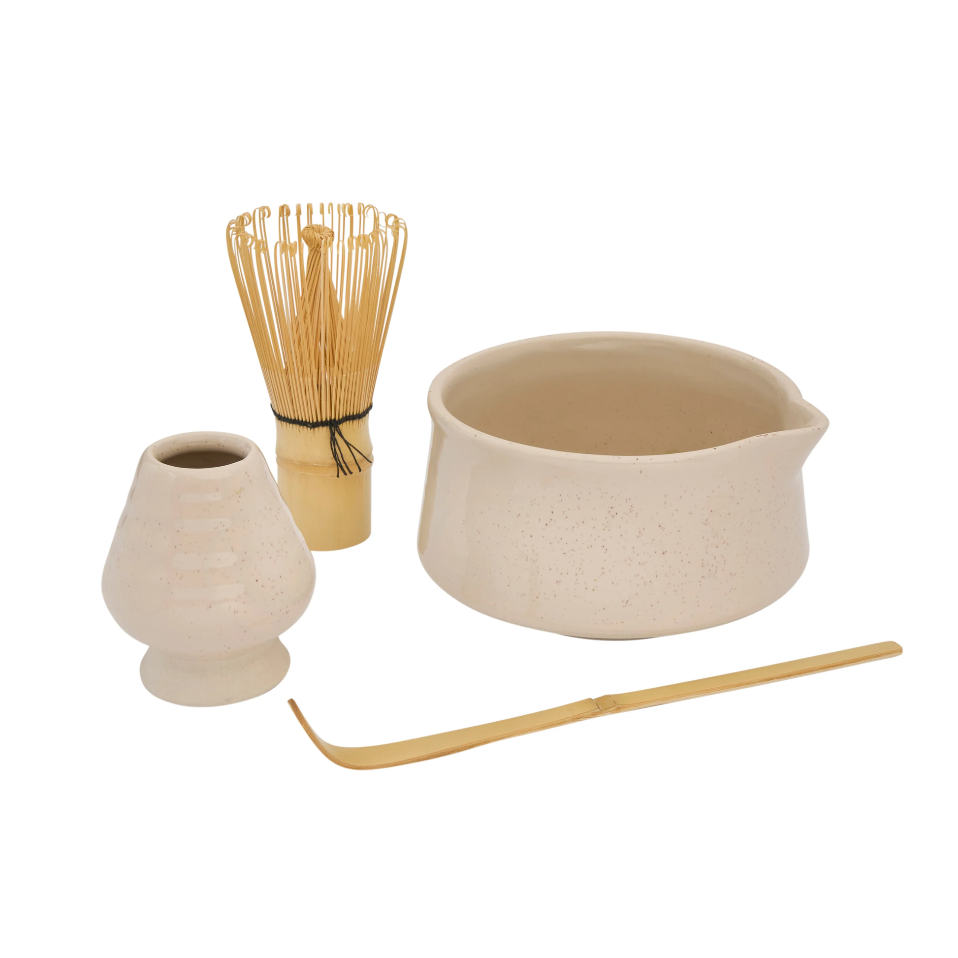 Showing the Robert Gordon Matcha 4 Piece Set Milk for traditional ceremonial matcha which are the ceramic bowl, whisk holder and bamboo whisk and scoop.