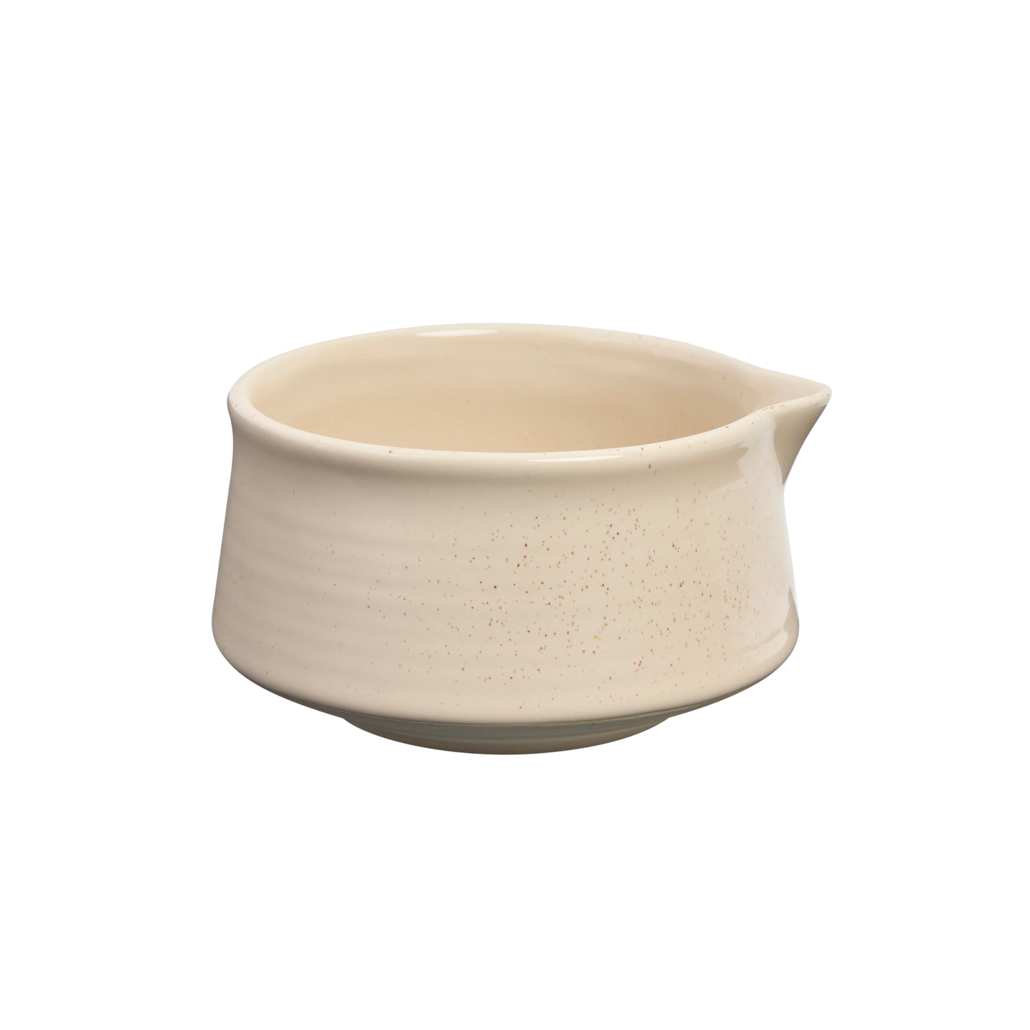 Semi side view of the ceramic bowl from the Robert Gordon Matcha 4 Piece Set Milk.