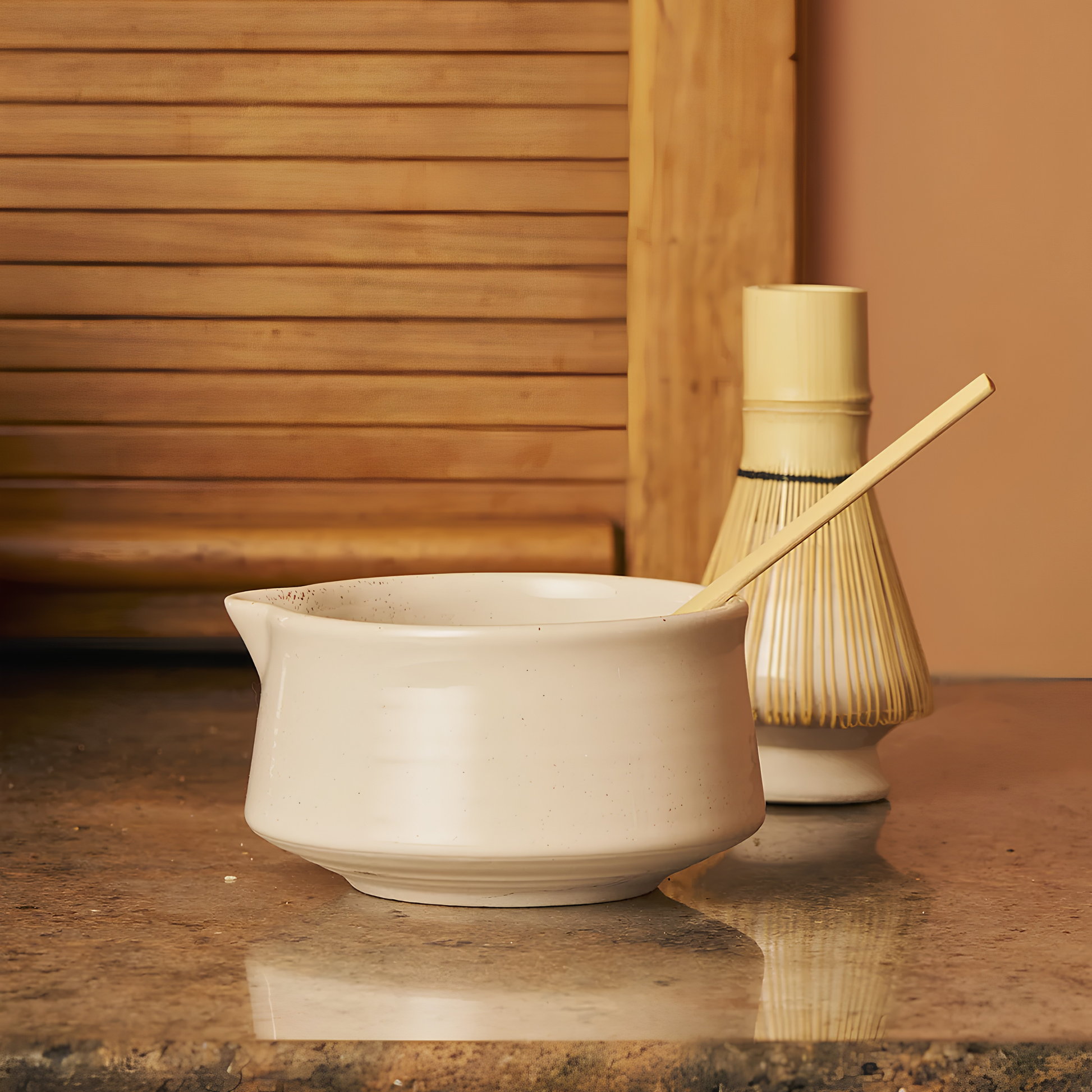 Side view of the Robert Gordon Matcha 4 Piece Set Milk for traditional ceremonial matcha which are the ceramic bowl, whisk holder and bamboo whisk and scoop.