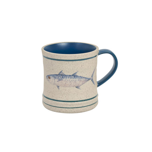 Semi top view of the Robert Gordon Mug from Australian artist Michelle Turner featuring Mackerel illustration for a nostalgic coastal holidays.