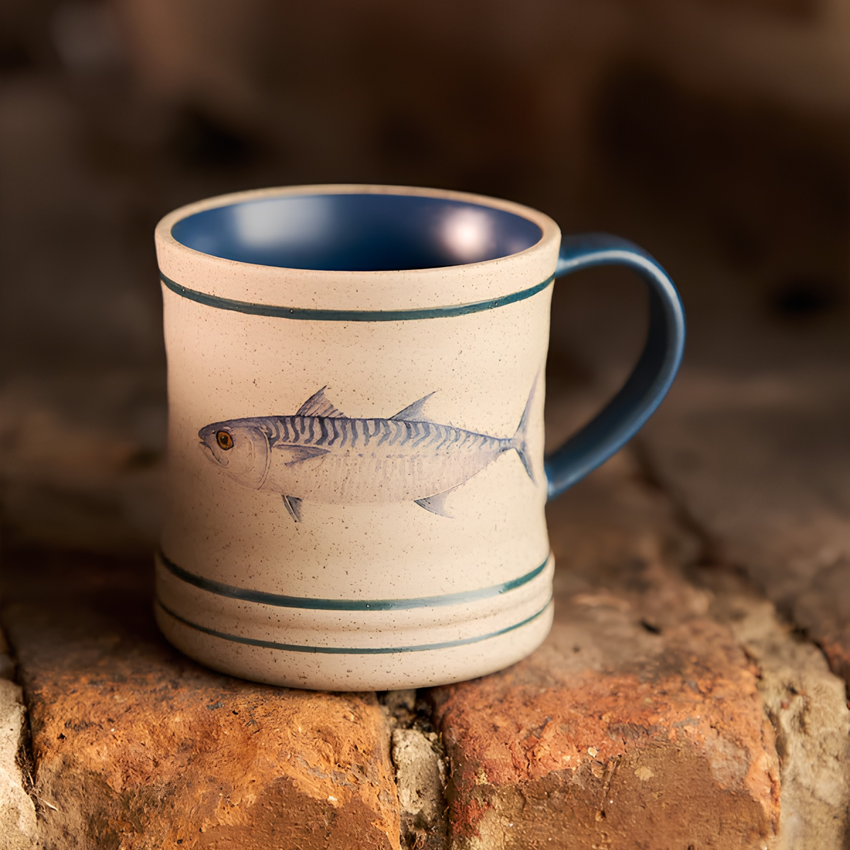 Robert Gordon Mug on top of the bricks featuring Australian artist Michelle Turner's Mackerel illustration for a nostalgic coastal holidays.