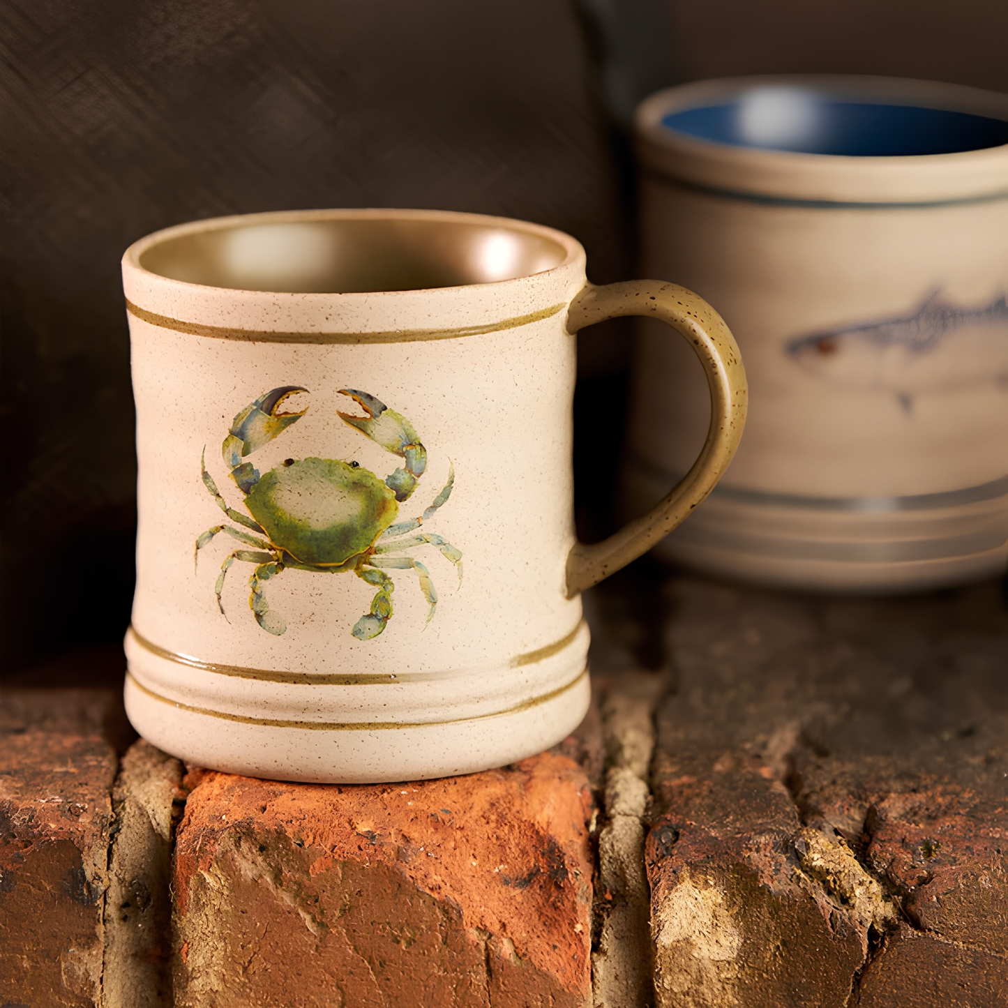 Robert Gordon Mug on top of the bricks featuring Australian artist Michelle Turner's Mud Crab illustration for a nostalgic coastal summers.