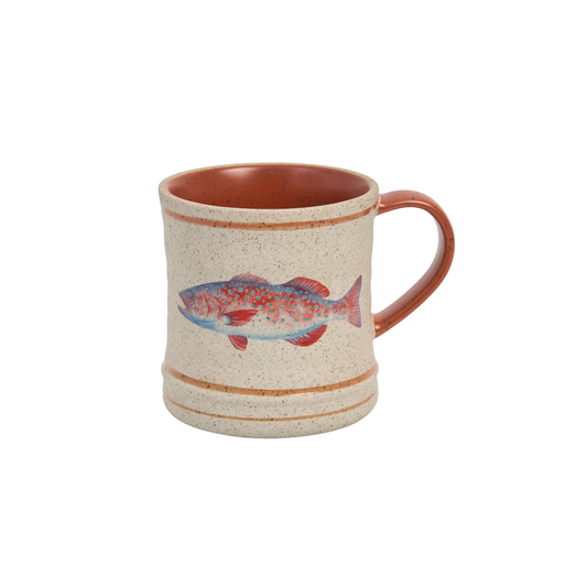Semi top view of the Robert Gordon Mug from Australian artist Michelle Turner featuring local catch Trout illustration for a nostalgic coastal holidays.