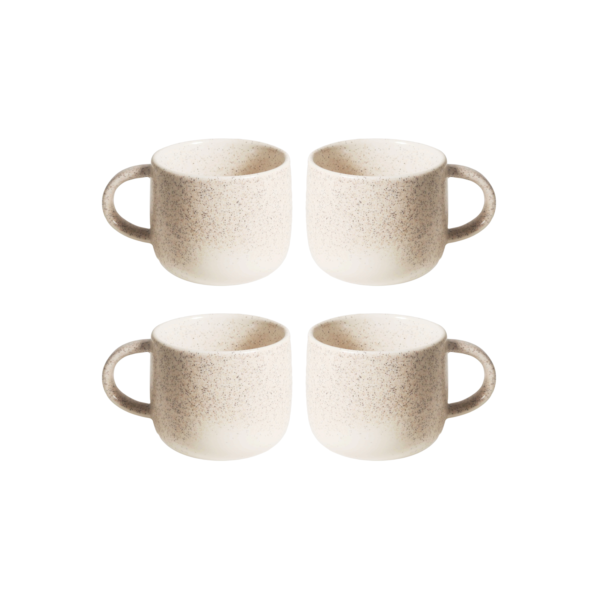 Side view of the Robert Gordon My Mug (set of 4) Celestial 350ml capacity Off-white featuring delicate speckling giving charm and character, made from durable stoneware, microwave and dishwasher safe, designed in Australia, made in China.