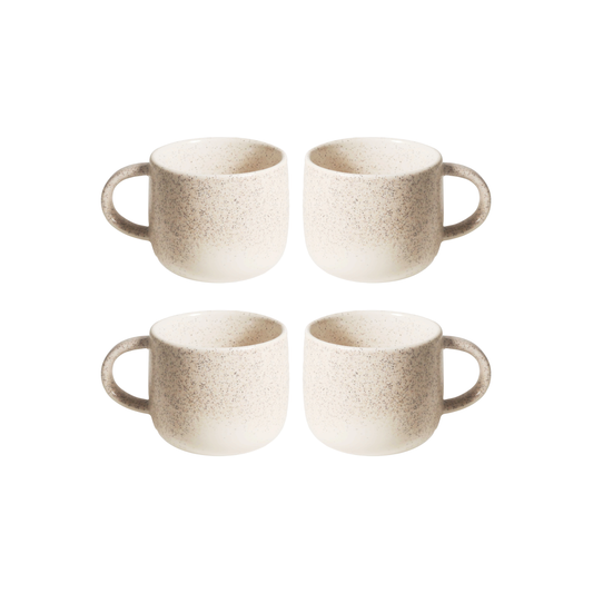 Side view of the Robert Gordon My Mug (set of 4) Celestial 350ml capacity Off-white featuring delicate speckling giving charm and character, made from durable stoneware, microwave and dishwasher safe, designed in Australia, made in China.