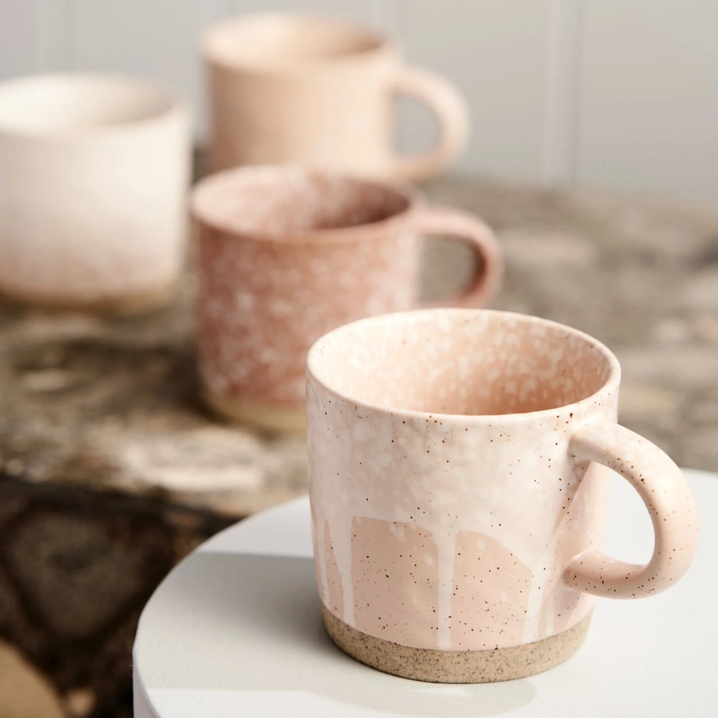 Robert Gordon set of 4 stoneware pink mugs close up