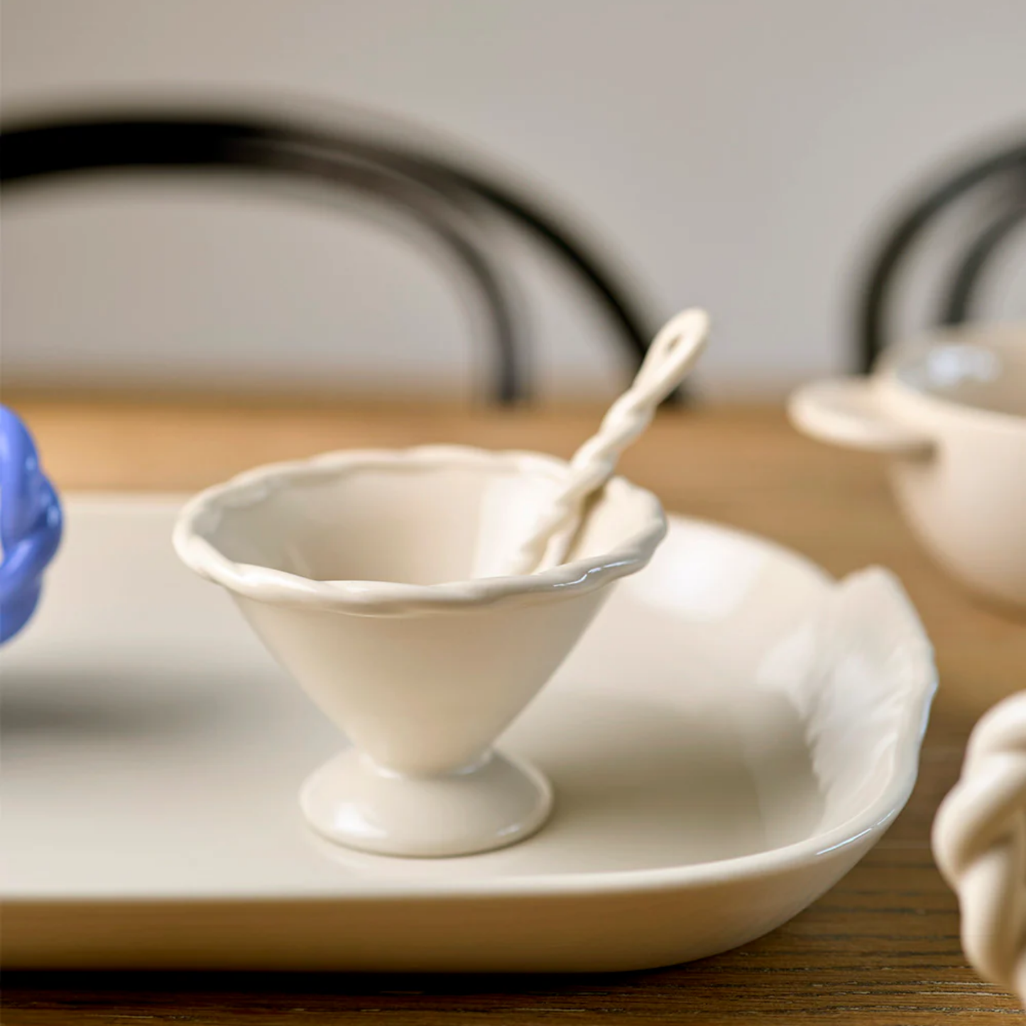 Robert Gordon vintage table knot condiment bowl vanilla displayed on tray on table with spoon