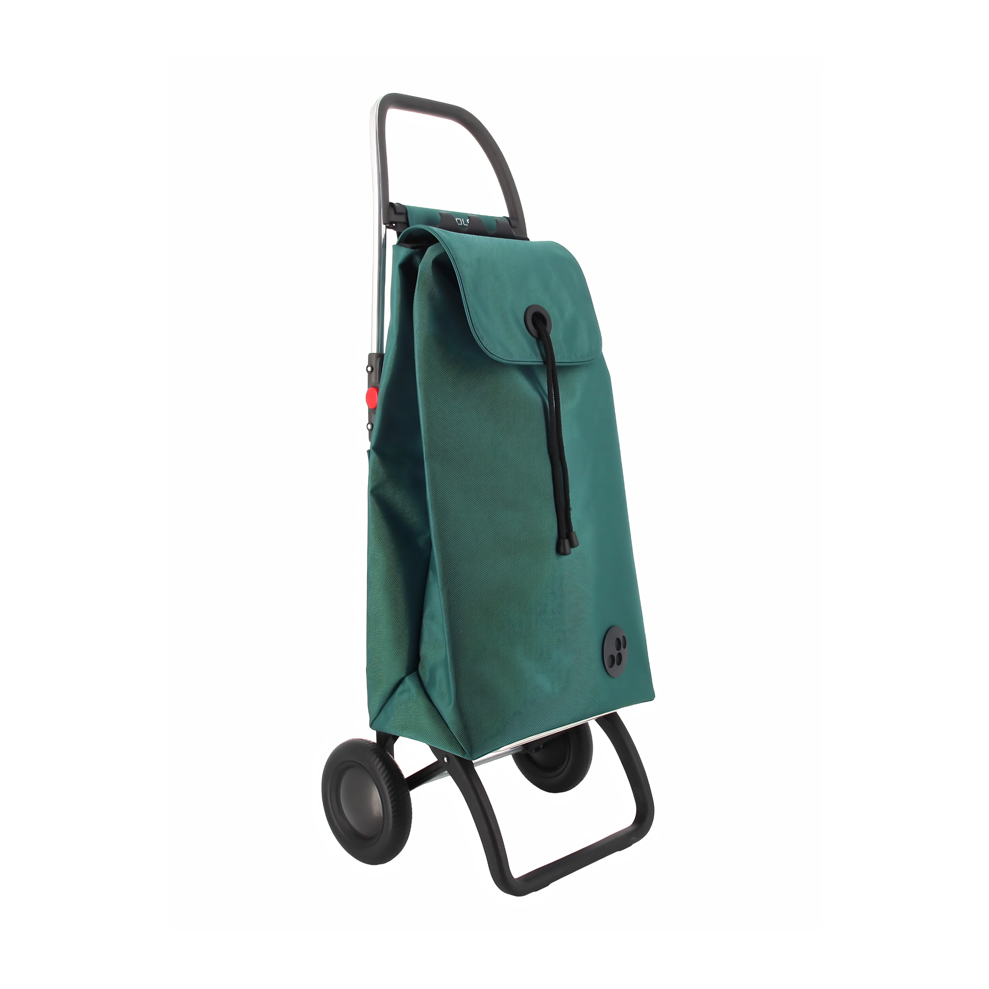 Semi front view of the Rolser I-Max Tweed Foldable Aluminum Shopping Trolley 43L Aquamarine that has multifunction hook as a hanger for trolleys, bags or other products, comes in backpack format with double inside pocket, drawstring closure, eyelet on the flap and zippered back pocket..