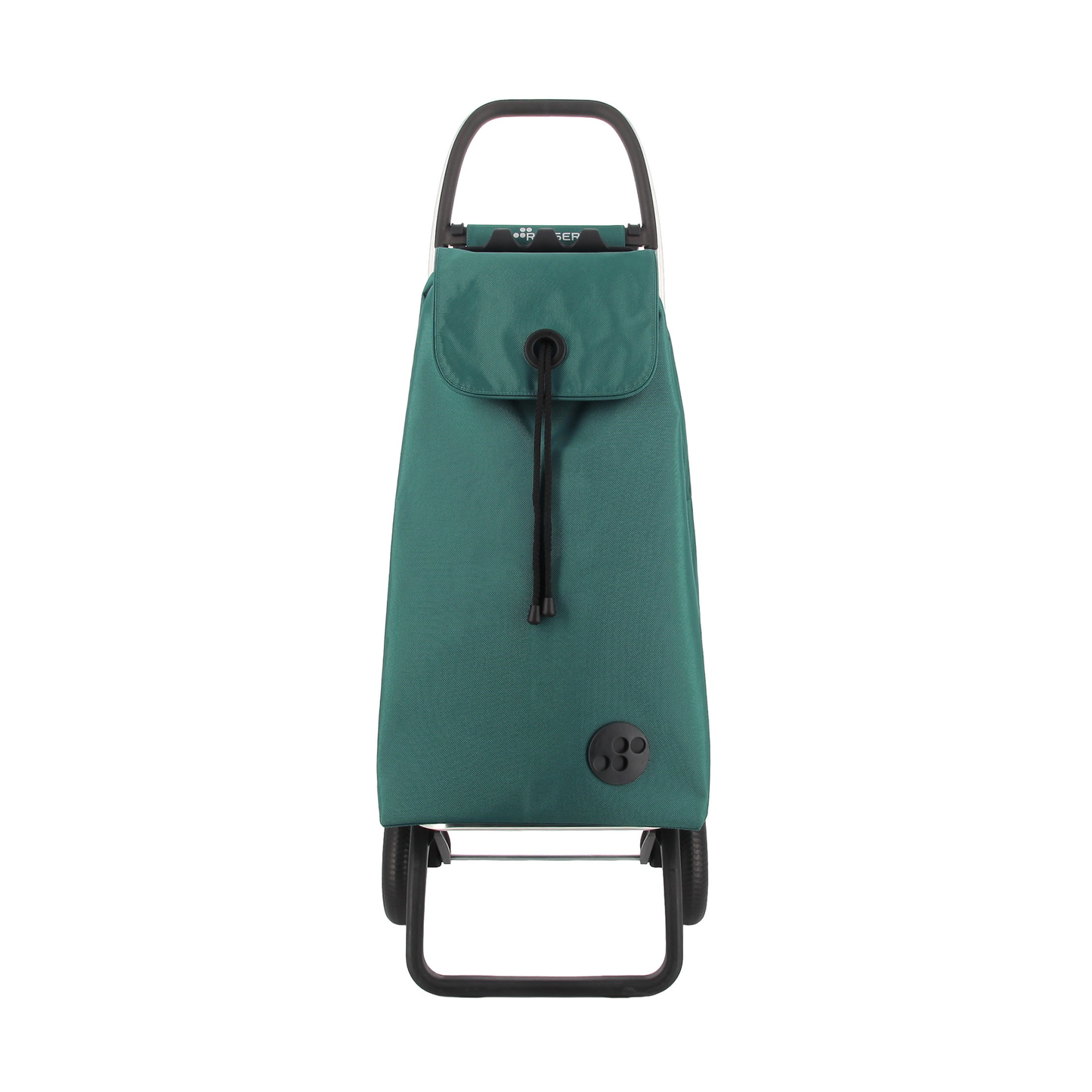 Front view of the Rolser I-Max Tweed Foldable Aluminum Shopping Trolley 43L Aquamarine that has multifunction hook as a hanger for trolleys, bags or other products, comes in backpack format with double inside pocket, drawstring closure, eyelet on the flap and zippered back pocket..