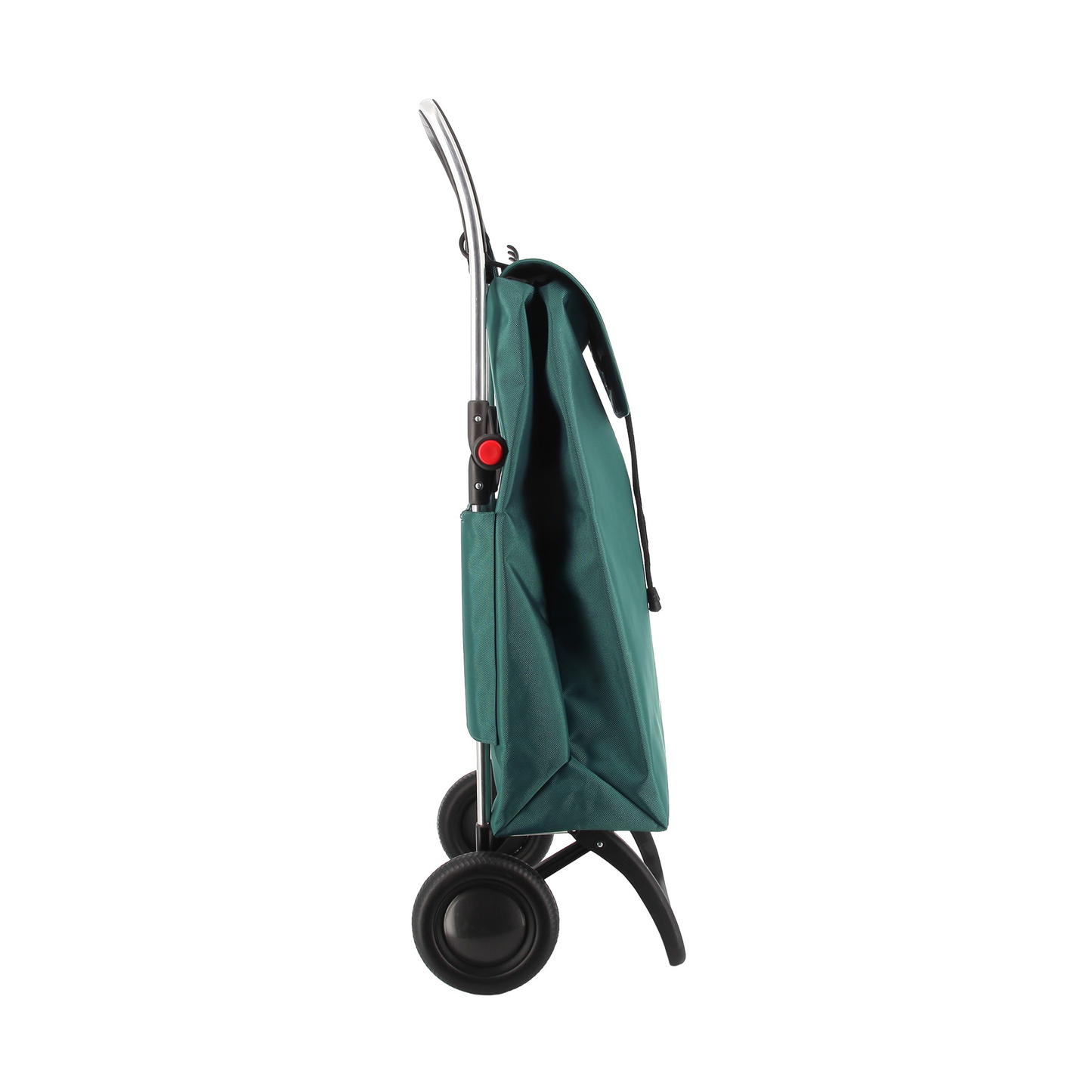 Side view of the Rolser I-Max Tweed Foldable Aluminum Shopping Trolley 43L Aquamarine that has multifunction hook as a hanger for trolleys, bags or other products, comes in backpack format with double inside pocket, drawstring closure, eyelet on the flap and zippered back pocket..