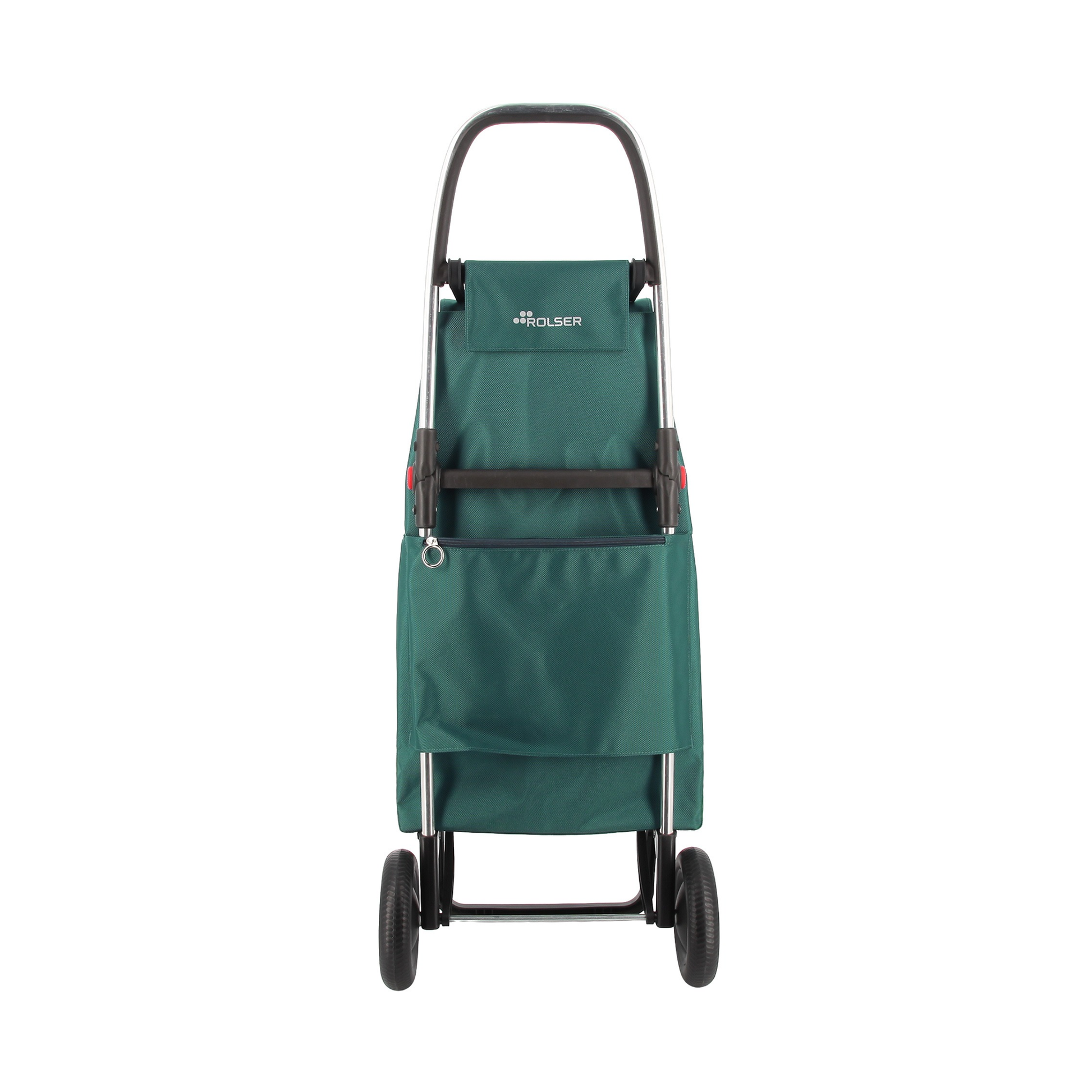 Back view of the Rolser I-Max Tweed Foldable Aluminum Shopping Trolley 43L Aquamarine that has multifunction hook as a hanger for trolleys, bags or other products, comes in backpack format with double inside pocket, drawstring closure, eyelet on the flap and zippered back pocket..