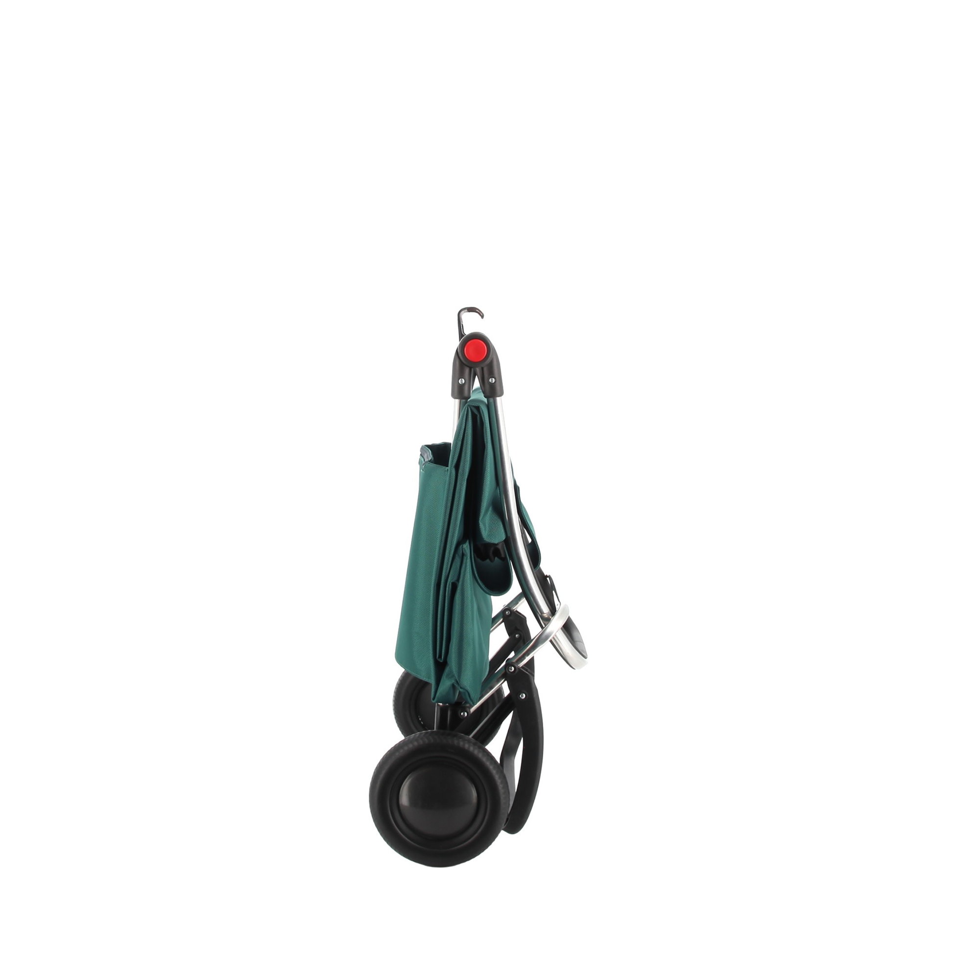 Side view of the folded Rolser I-Max Tweed Foldable Aluminum Shopping Trolley 43L Aquamarine that has multifunction hook as a hanger for trolleys, bags or other products, comes in backpack format with double inside pocket, drawstring closure, eyelet on the flap and zippered back pocket.