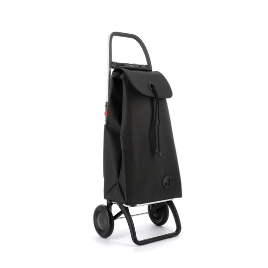 Rolser I-MAX TWEED shopping trolley with foldable 2-wheel aluminium chassis, 43L capacity, polyester backpack-style bag with drawstring and zippered pocket, designed for carrying small loads like groceries or laundry.